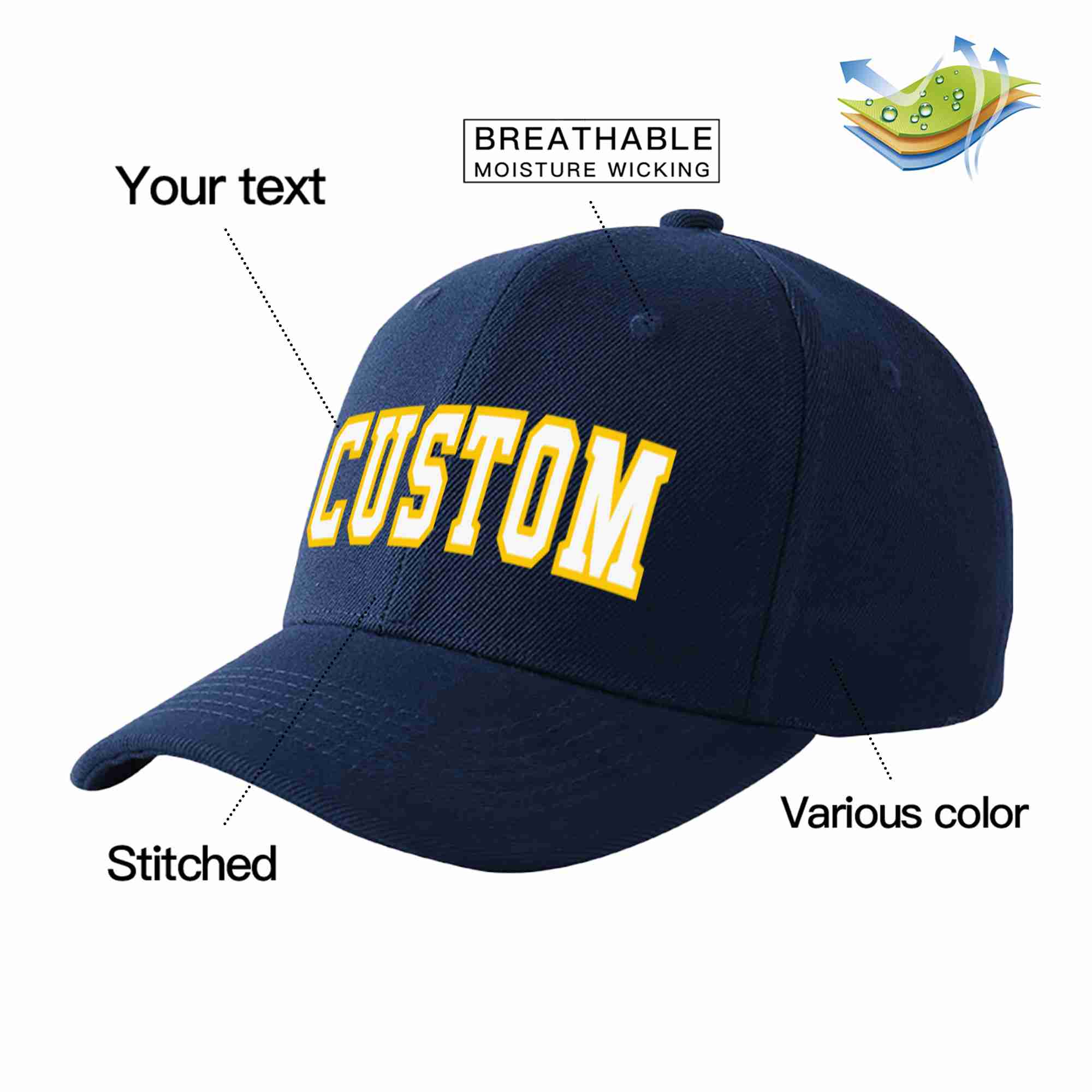 Conception personnalisée de casquette de baseball de sport incurvée Eaves blanc-or marine pour hommes/femmes/jeunes