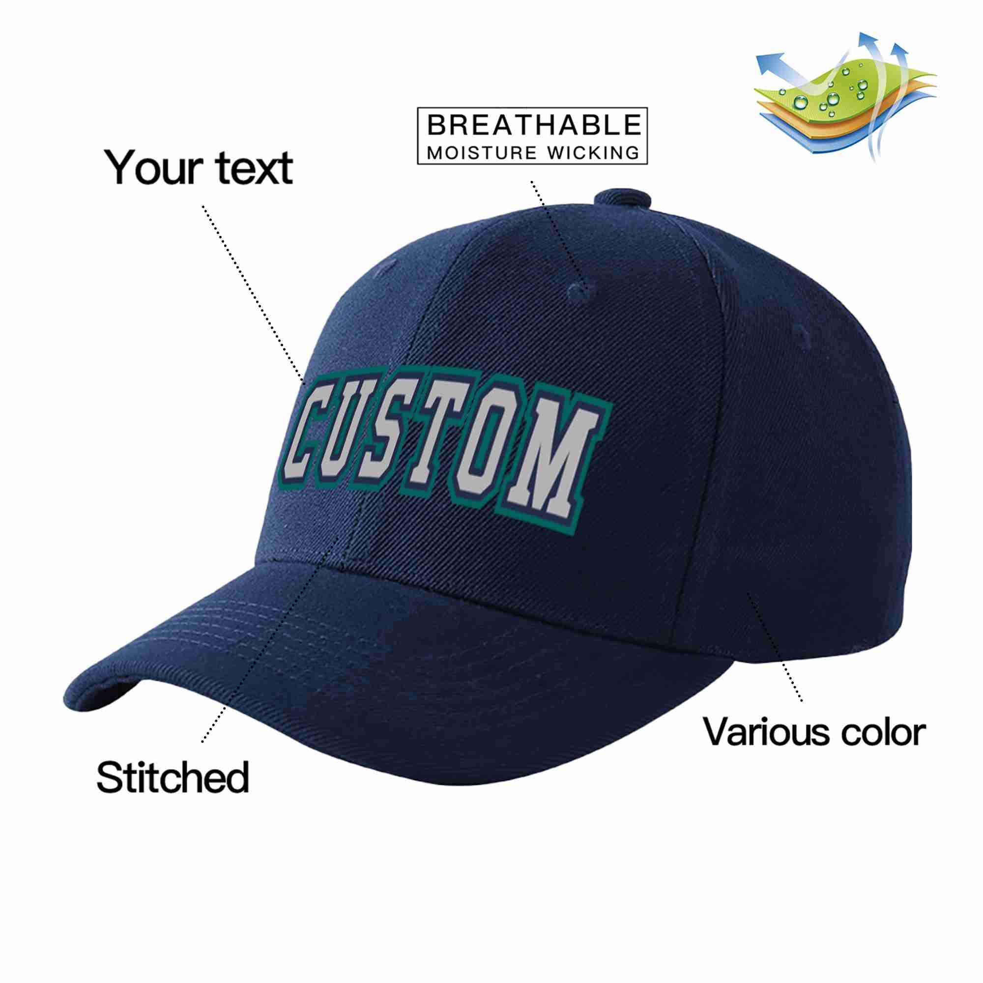 Conception personnalisée de casquette de baseball de sport incurvée gris-marine pour hommes/femmes/jeunes