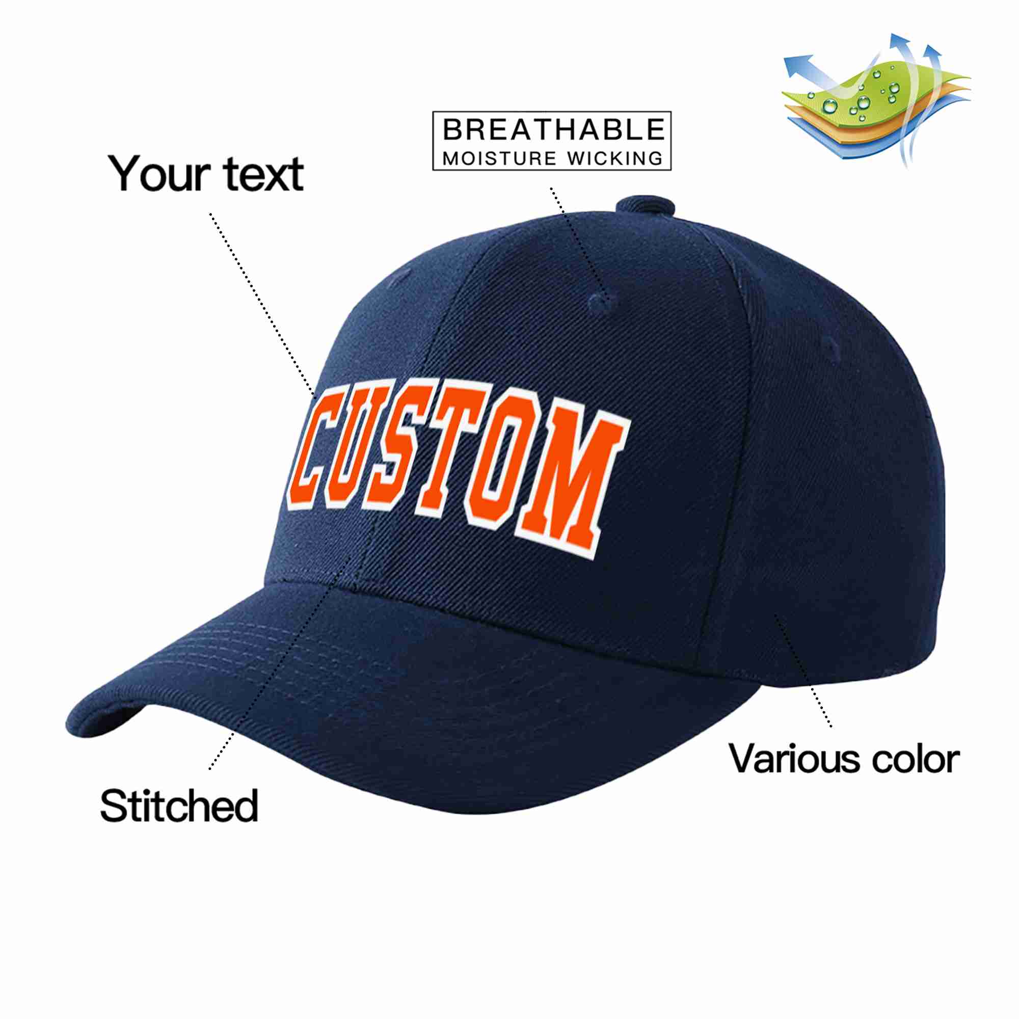 Custom Navy Orange-White Curved Eaves Sport Baseball Cap Design for Men/Women/Youth