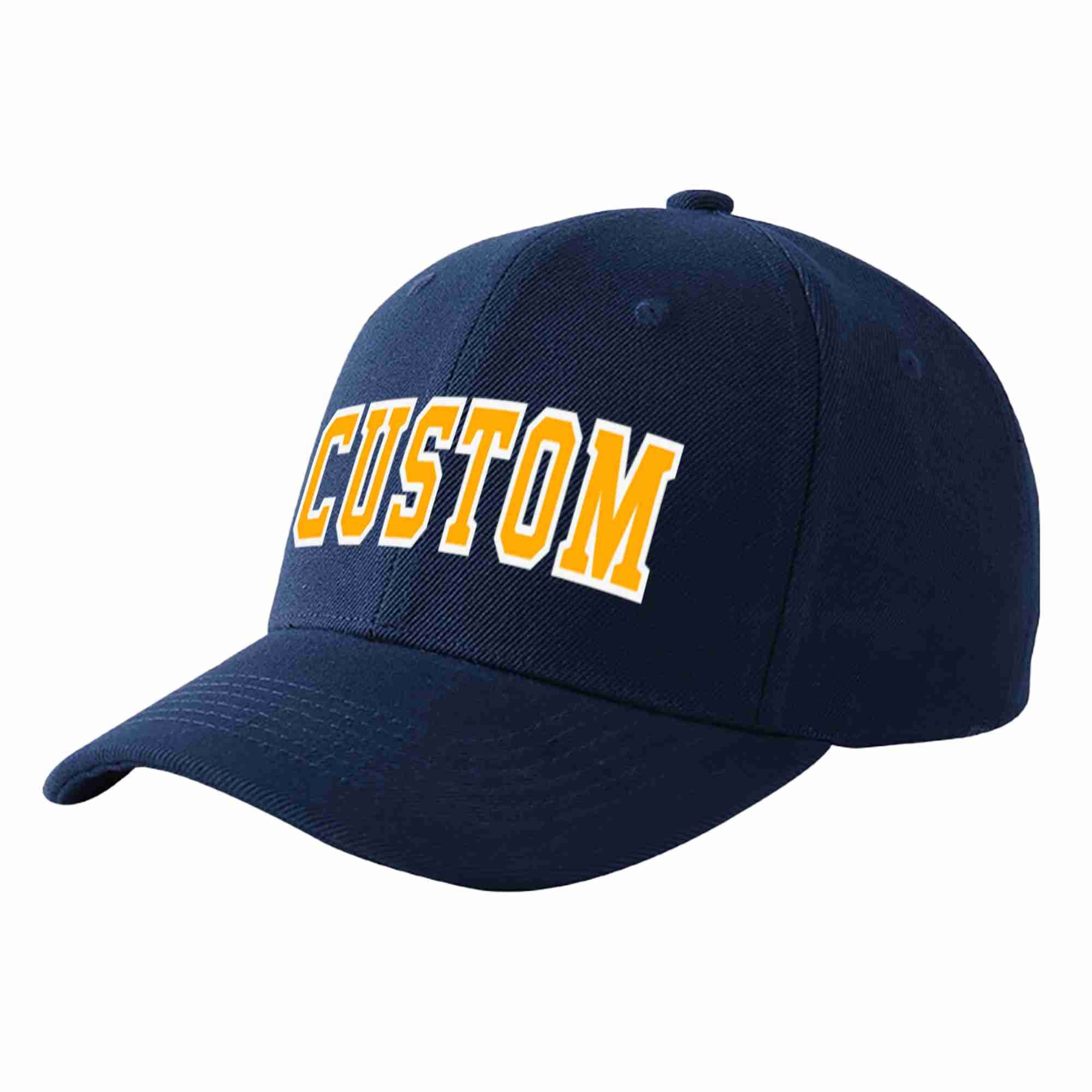 Conception personnalisée de casquette de baseball de sport incurvée jaune-blanc marine pour hommes/femmes/jeunes