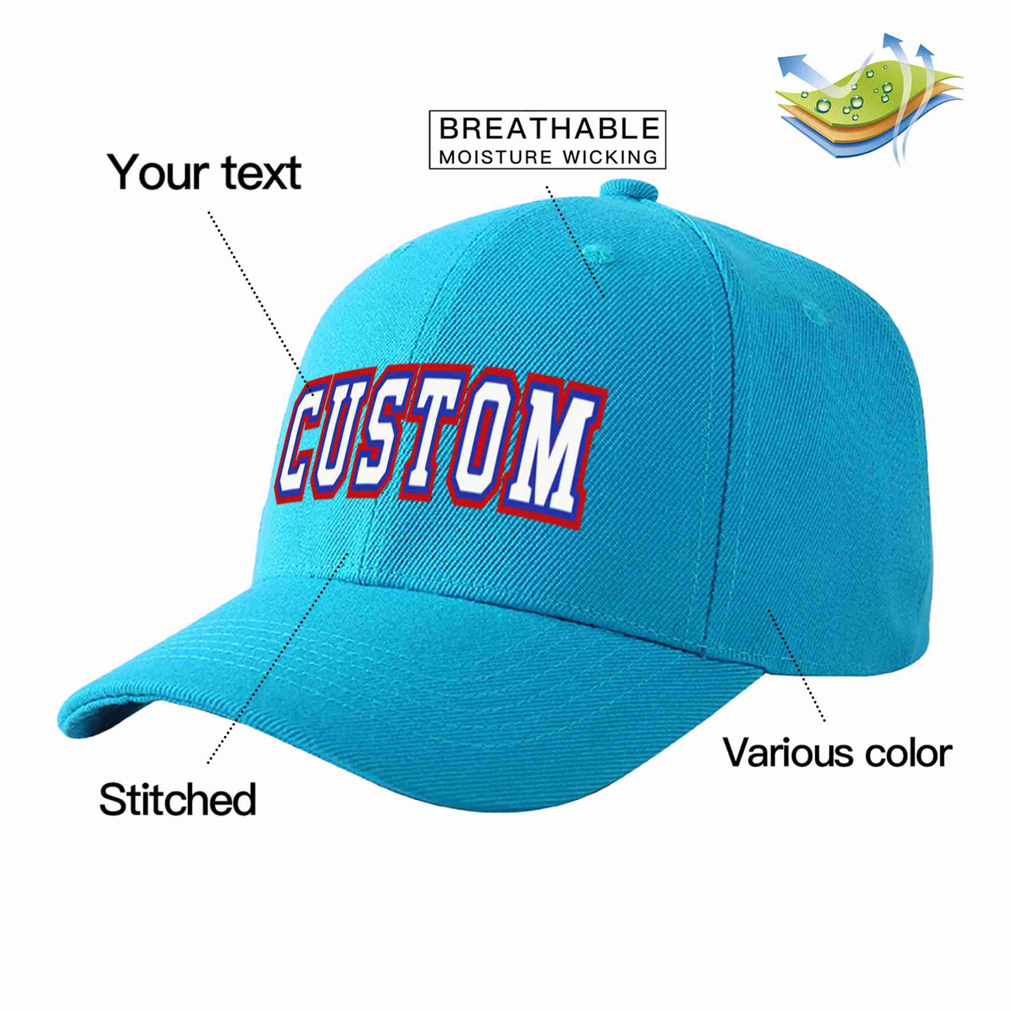 Casquette de baseball personnalisée Aqua White-Royal Curved Eaves Sport pour hommes/femmes/jeunes