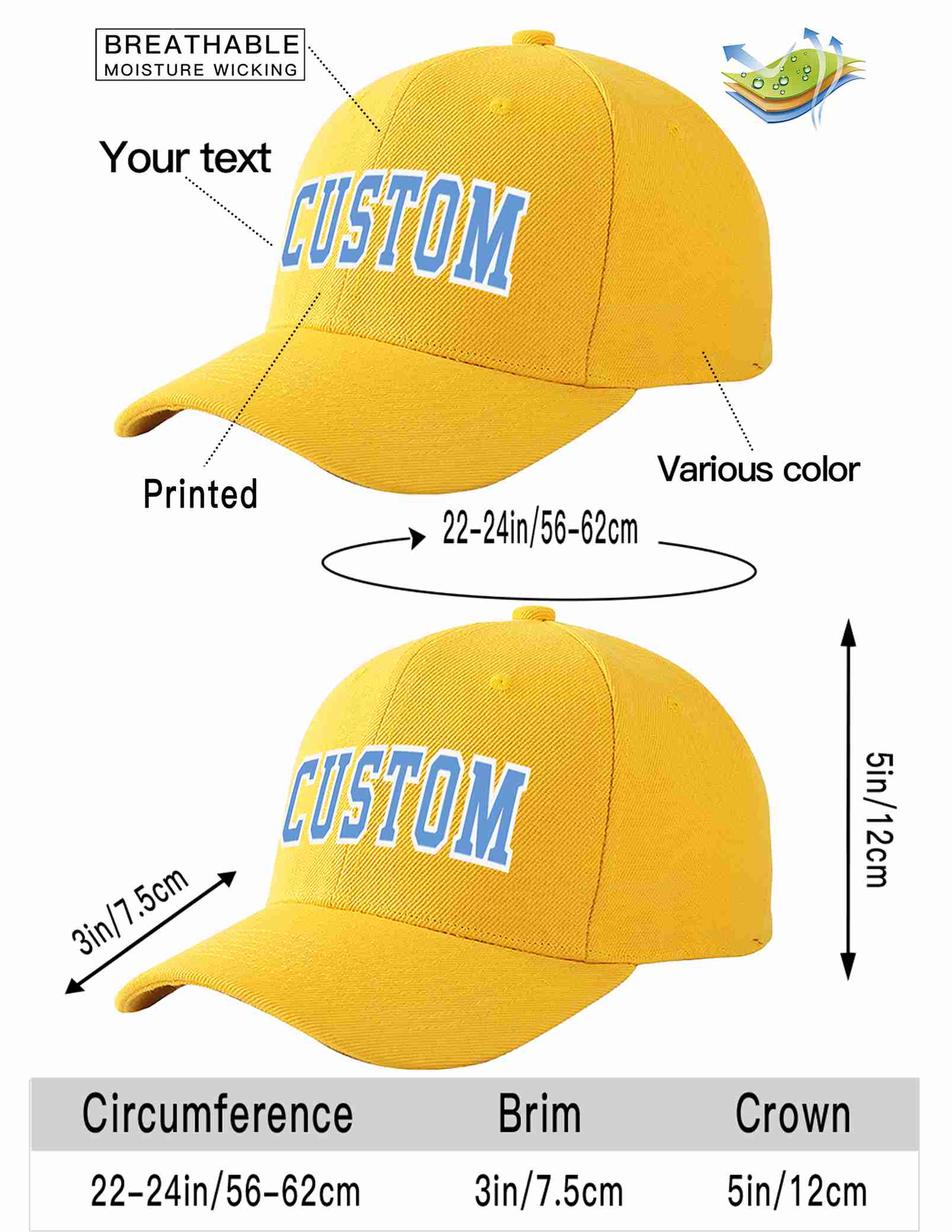 Custom Gold Light Blue-White Curved Eaves Sport Baseball Cap Design for Men/Women/Youth