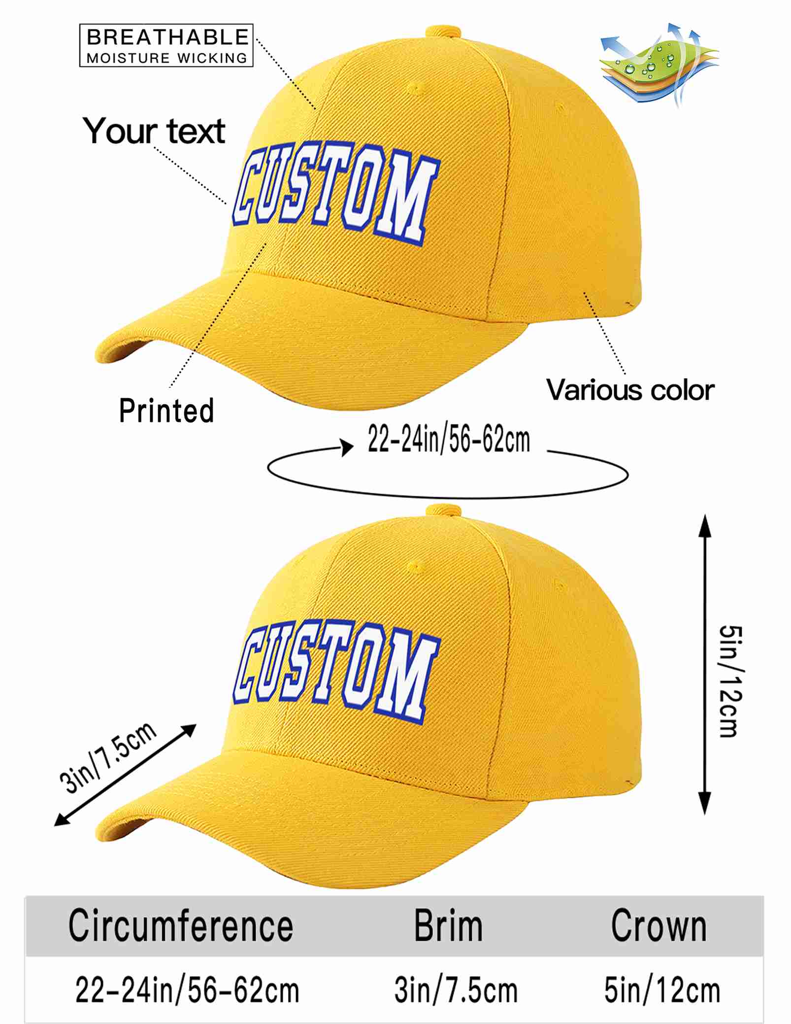 Custom Gold White-Royal Curved Eaves Sport Baseball Cap Design for Men/Women/Youth