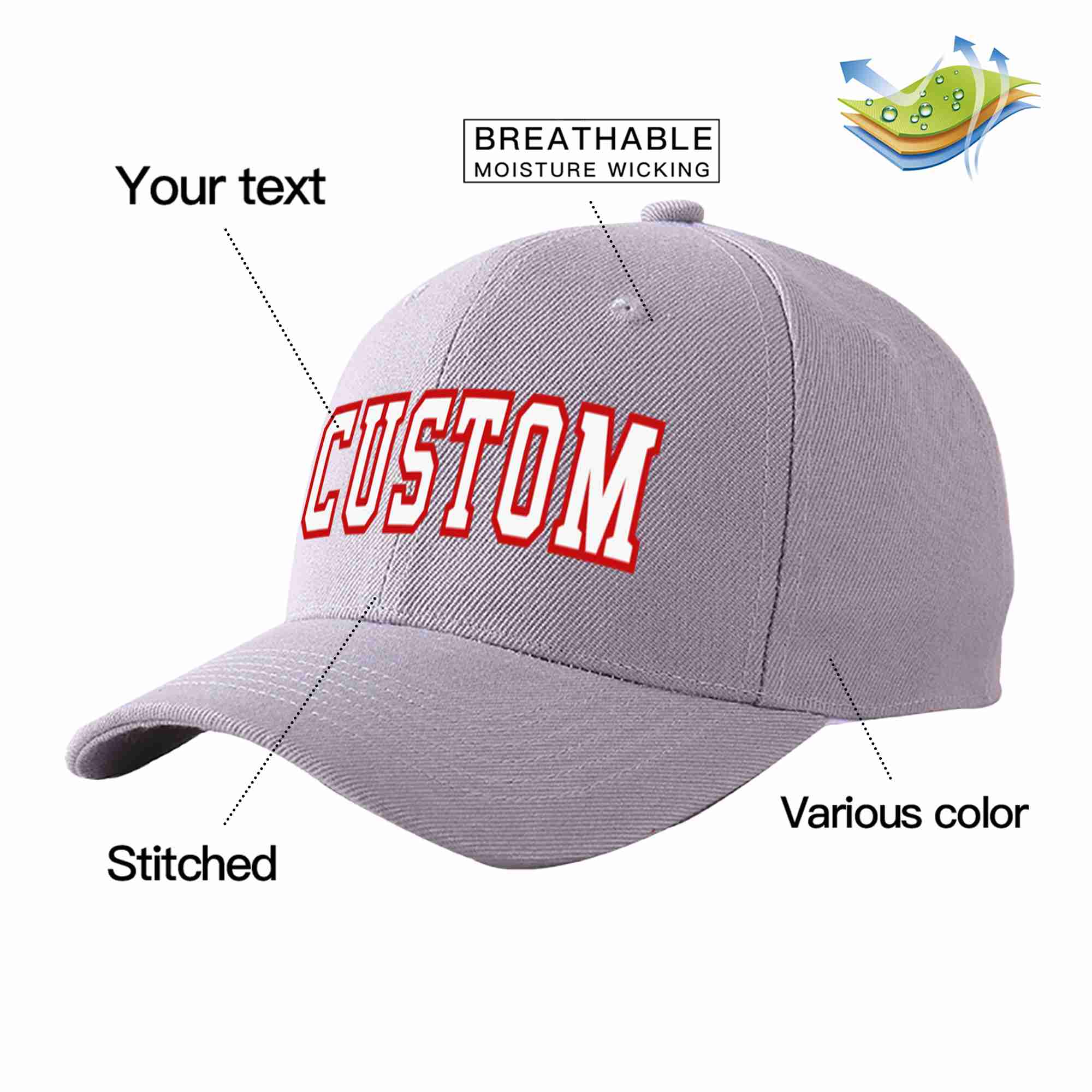 Conception personnalisée de casquette de baseball de sport incurvée gris blanc-rouge pour hommes/femmes/jeunes