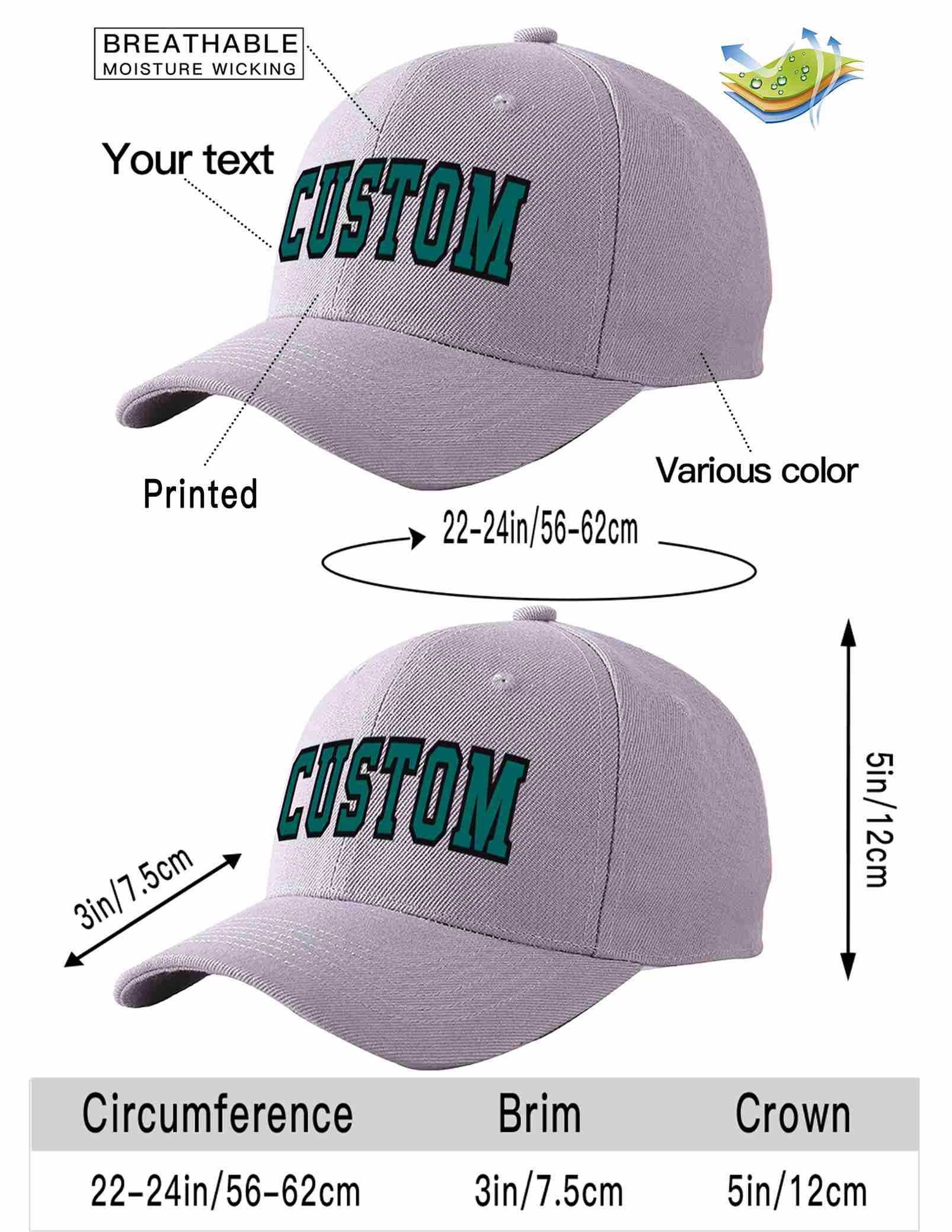 Custom Gray Aqua-Black Curved Eaves Sport Baseball Cap Design for Men/Women/Youth