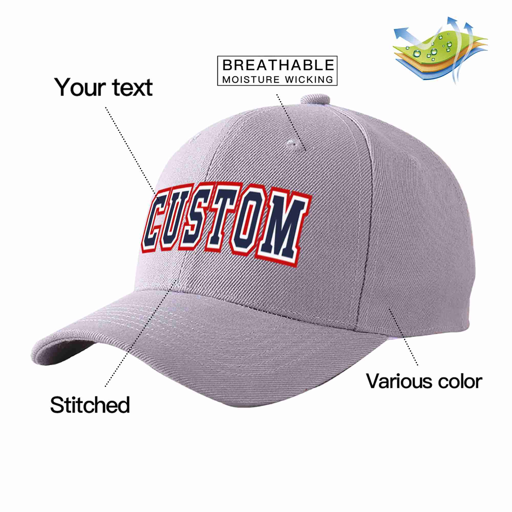 Custom Gray Navy-White Curved Eaves Sport Baseball Cap Design for Men/Women/Youth