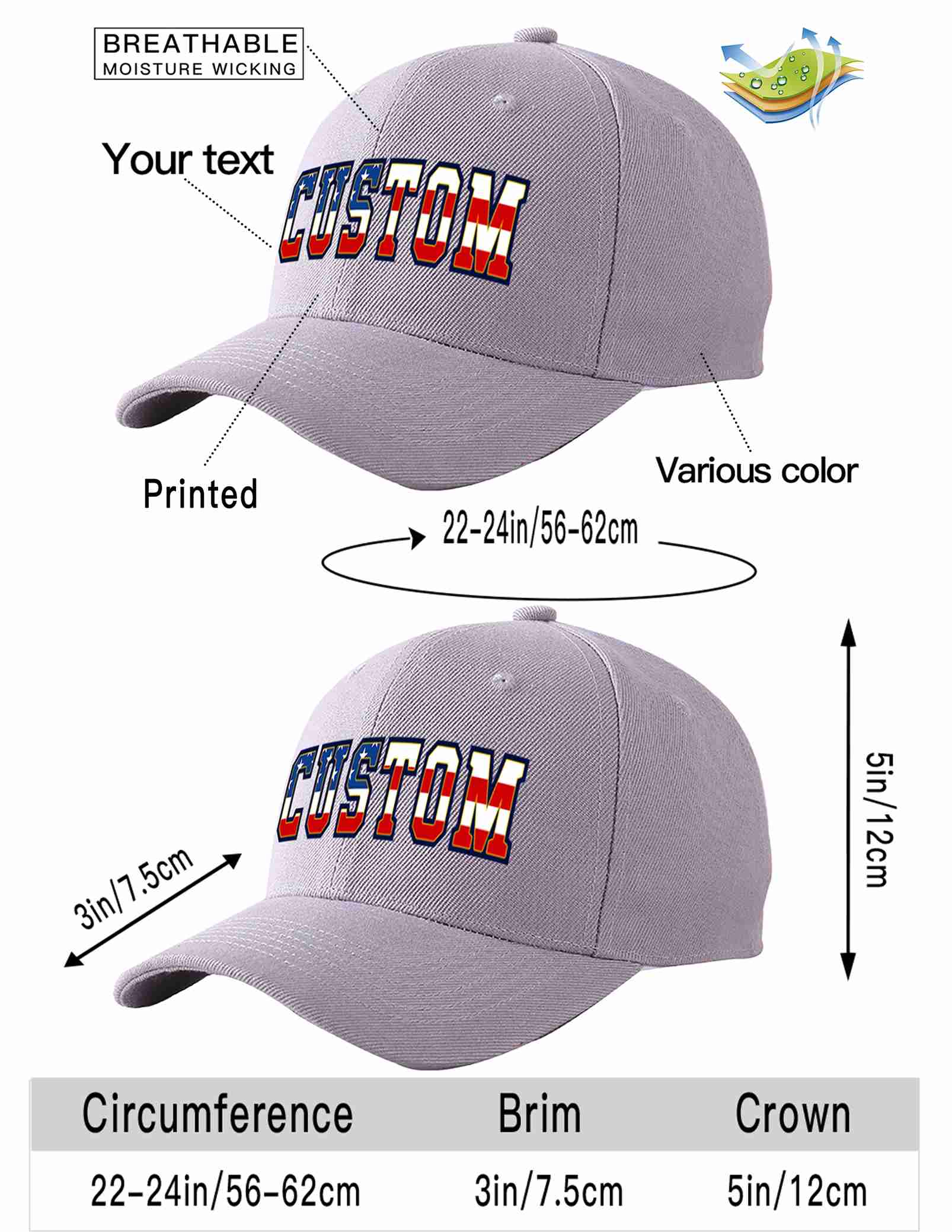 Custom Gray Vintage USA Flag-Gold Curved Eaves Sport Baseball Cap Design for Men/Women/Youth