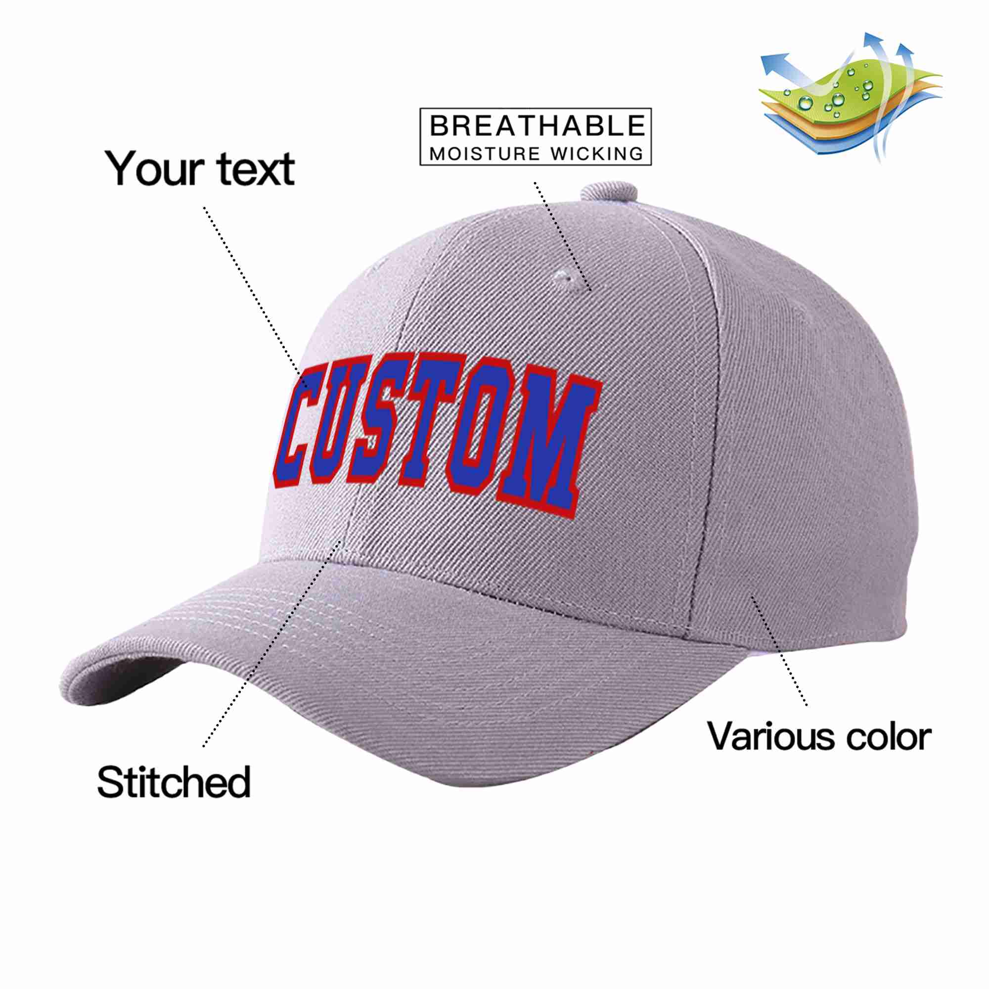 Custom Gray Royal-Red Curved Eaves Sport Baseball Cap Design for Men/Women/Youth