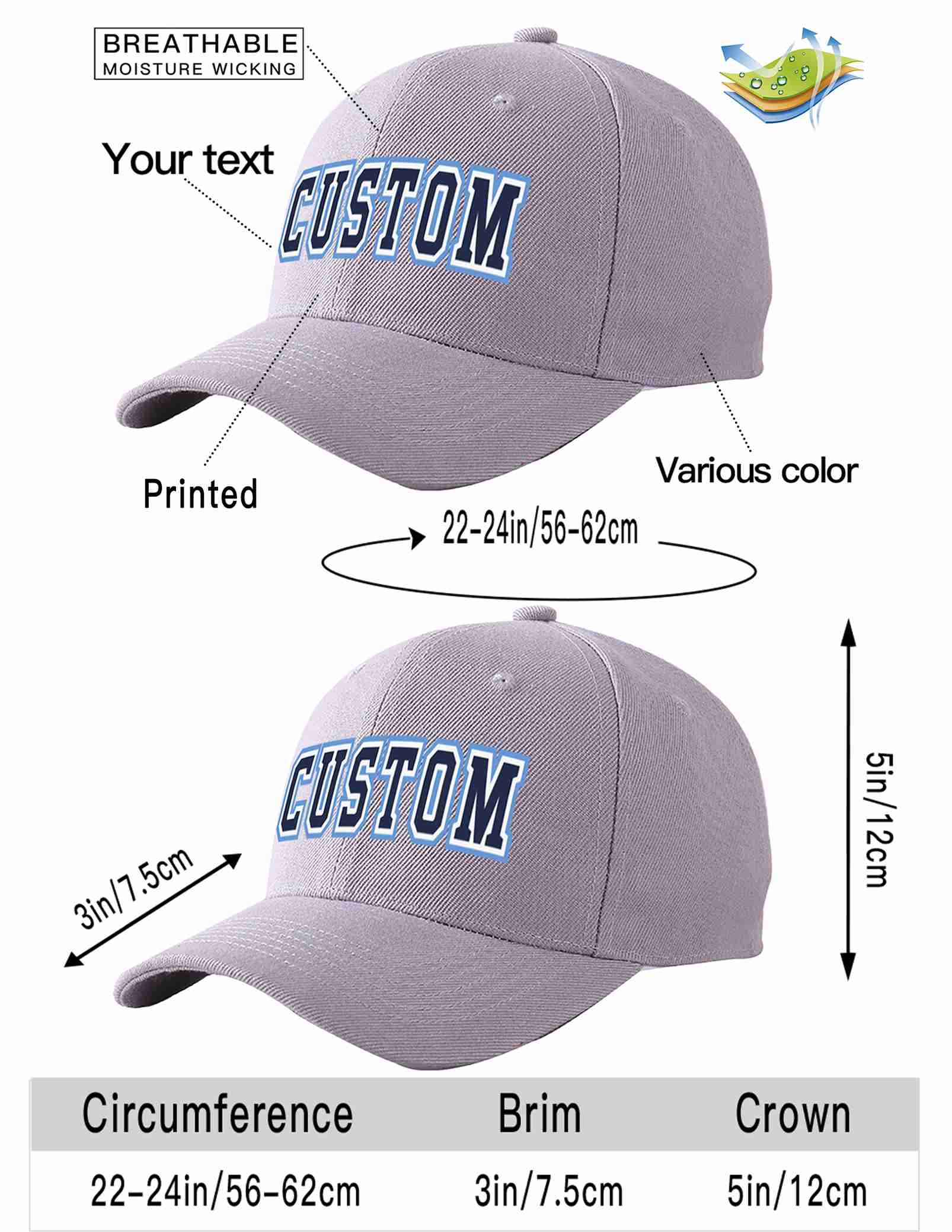 Custom Gray Navy-White Curved Eaves Sport Baseball Cap Design for Men/Women/Youth