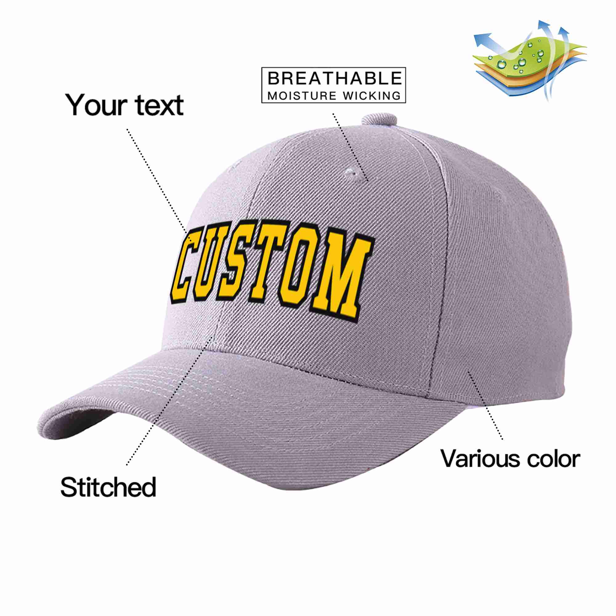 Custom Gray Gold-Black Curved Eaves Sport Baseball Cap Design for Men/Women/Youth