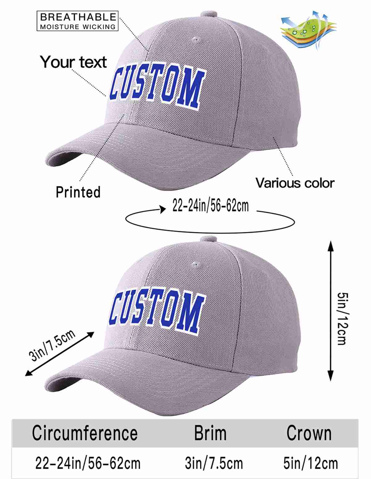 Custom Gray Royal-White Curved Eaves Sport Baseball Cap Design for Men/Women/Youth