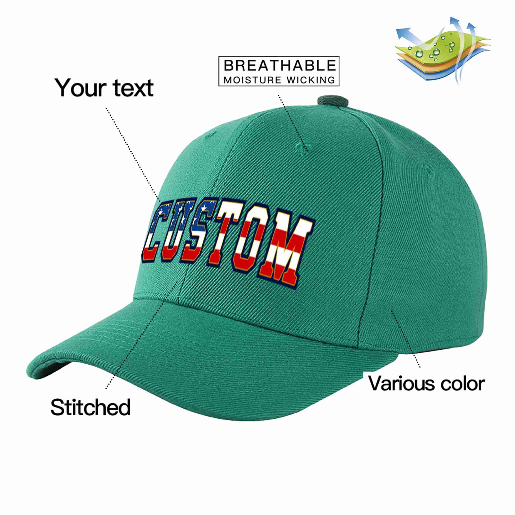 Custom Light Green Vintage USA Flag-Gold Curved Eaves Sport Baseball Cap Design for Men/Women/Youth