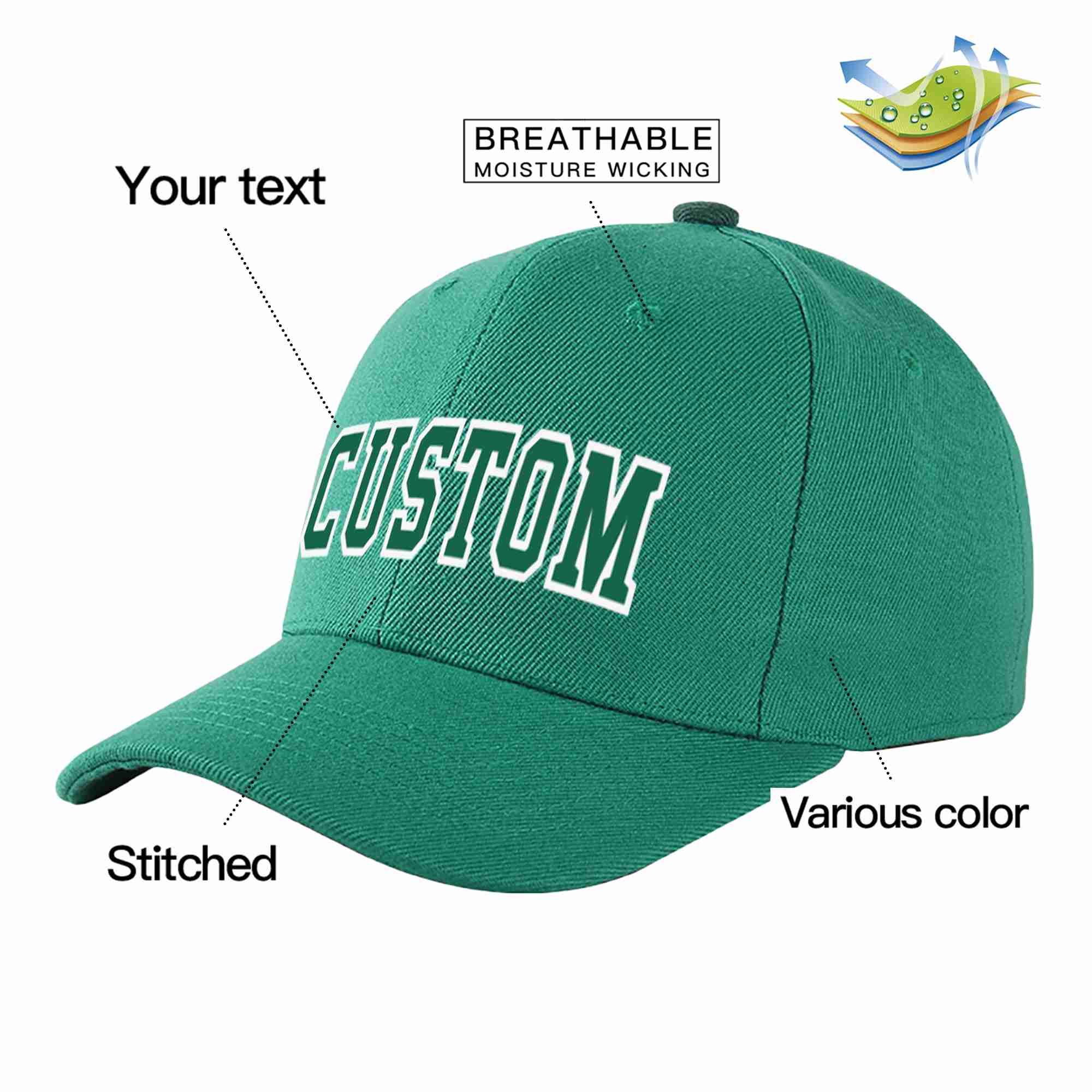 Custom Light Green Kelly Green-White Curved Eaves Sport Baseball Cap Design for Men/Women/Youth