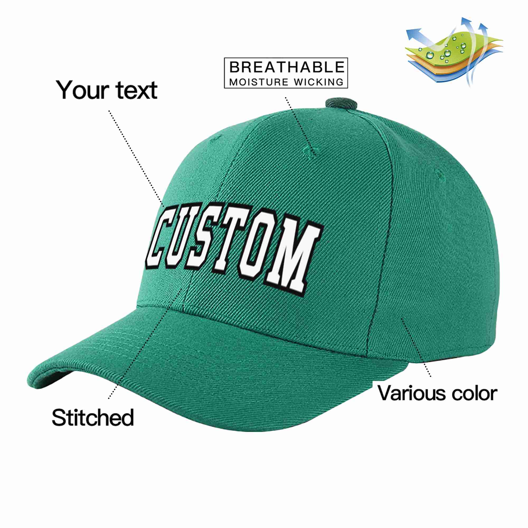 Conception personnalisée de casquette de baseball de sport incurvée vert clair blanc-noir pour hommes/femmes/jeunes