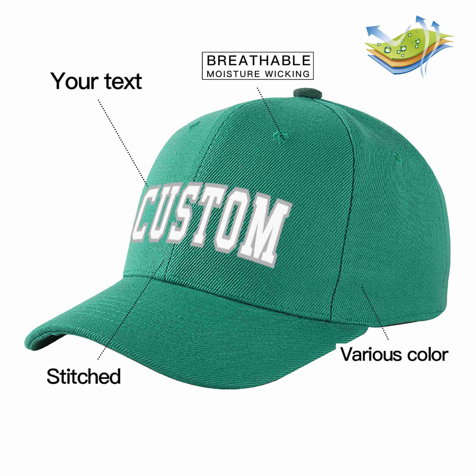 Conception personnalisée de casquette de baseball de sport incurvée vert clair blanc-gris pour hommes/femmes/jeunes