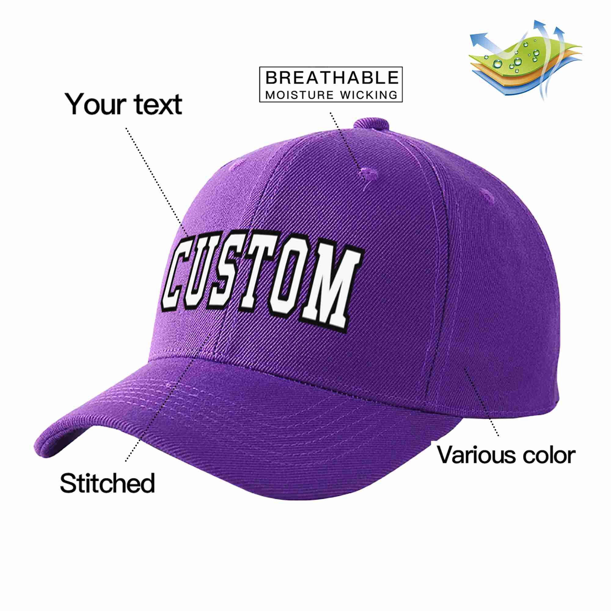 Conception personnalisée de casquette de baseball de sport incurvée violet blanc-noir pour hommes/femmes/jeunes