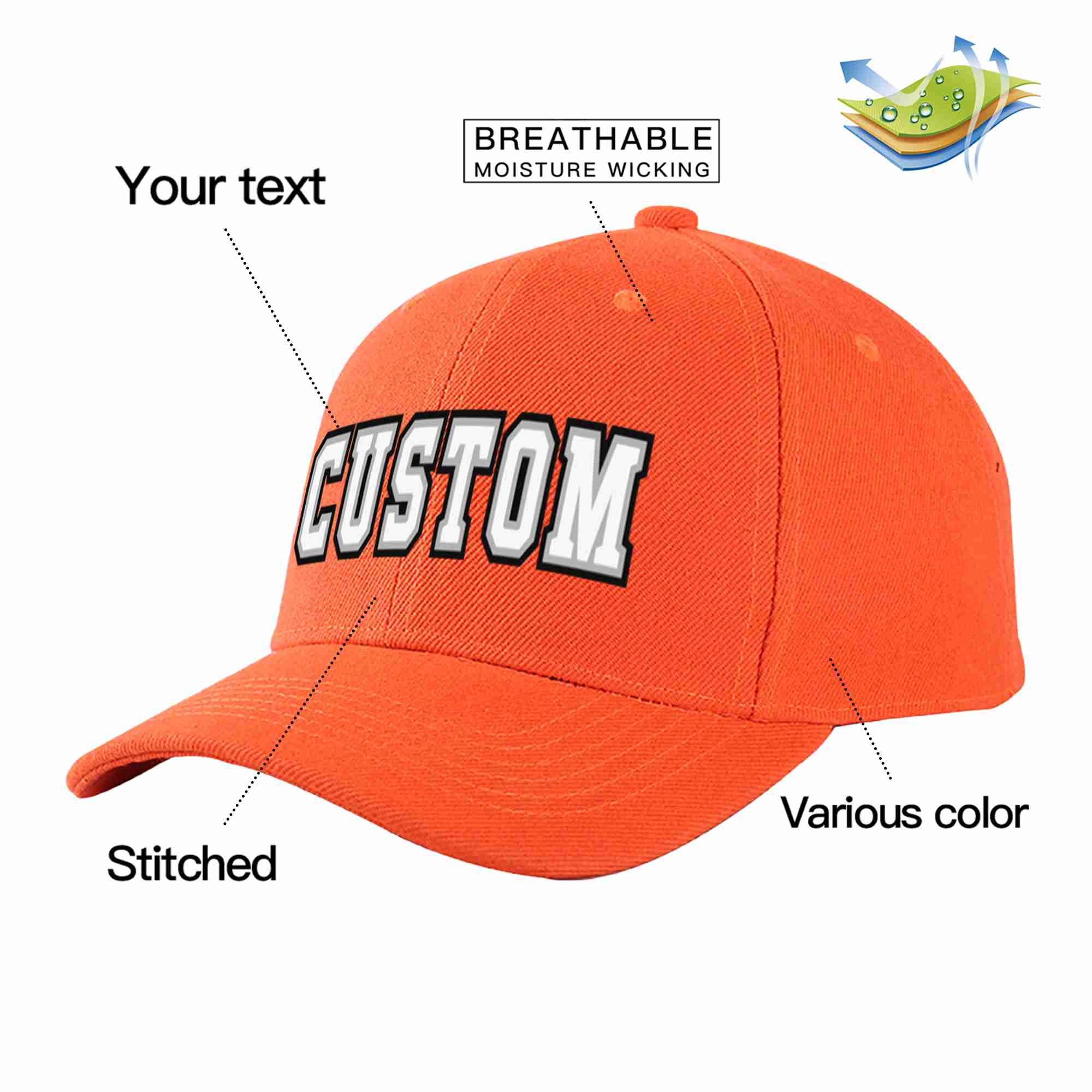 Conception personnalisée de casquette de baseball de sport incurvée blanc-gris mandarine pour hommes/femmes/jeunes