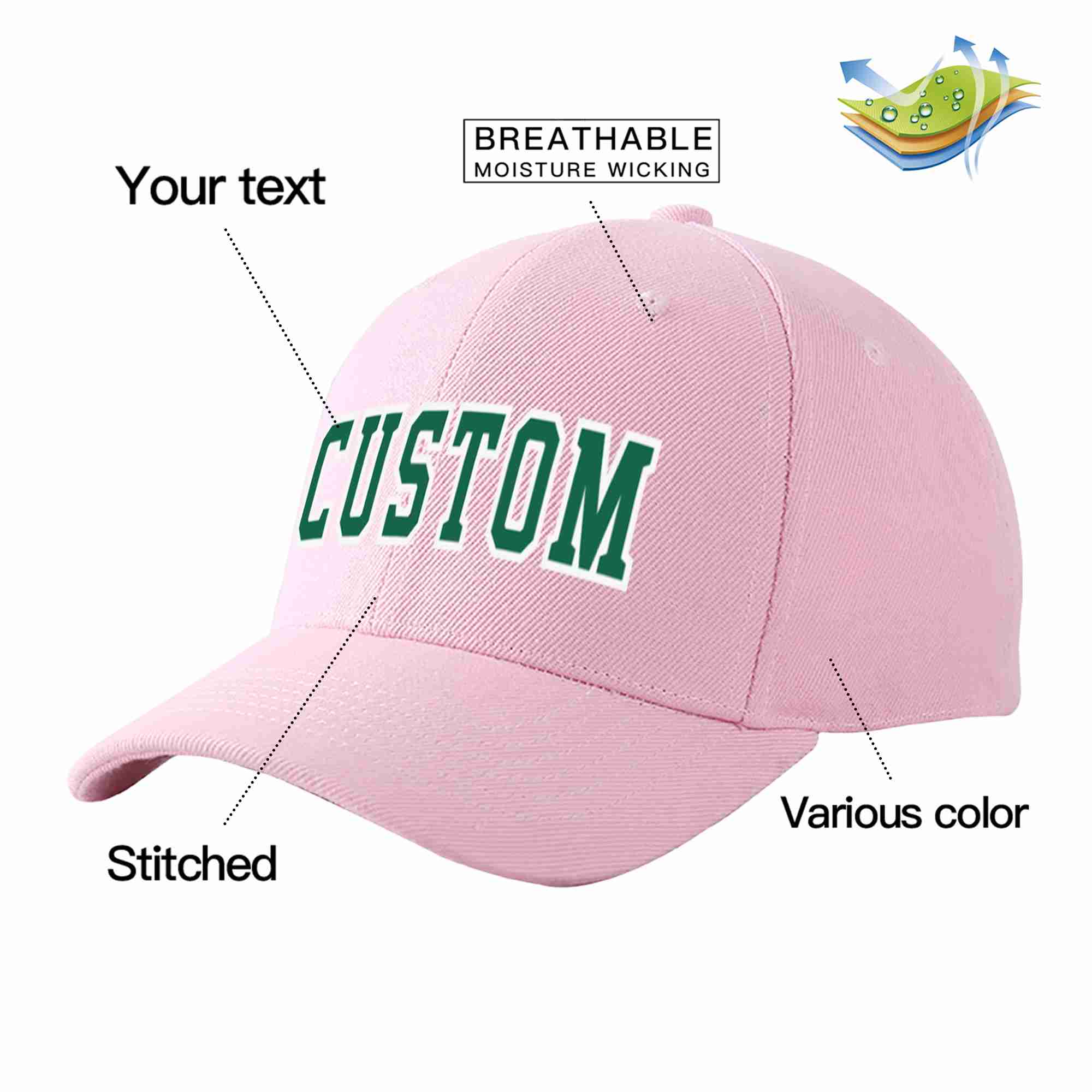 Casquette de baseball de sport incurvée rose Kelly vert-blanc pour hommes/femmes/jeunes