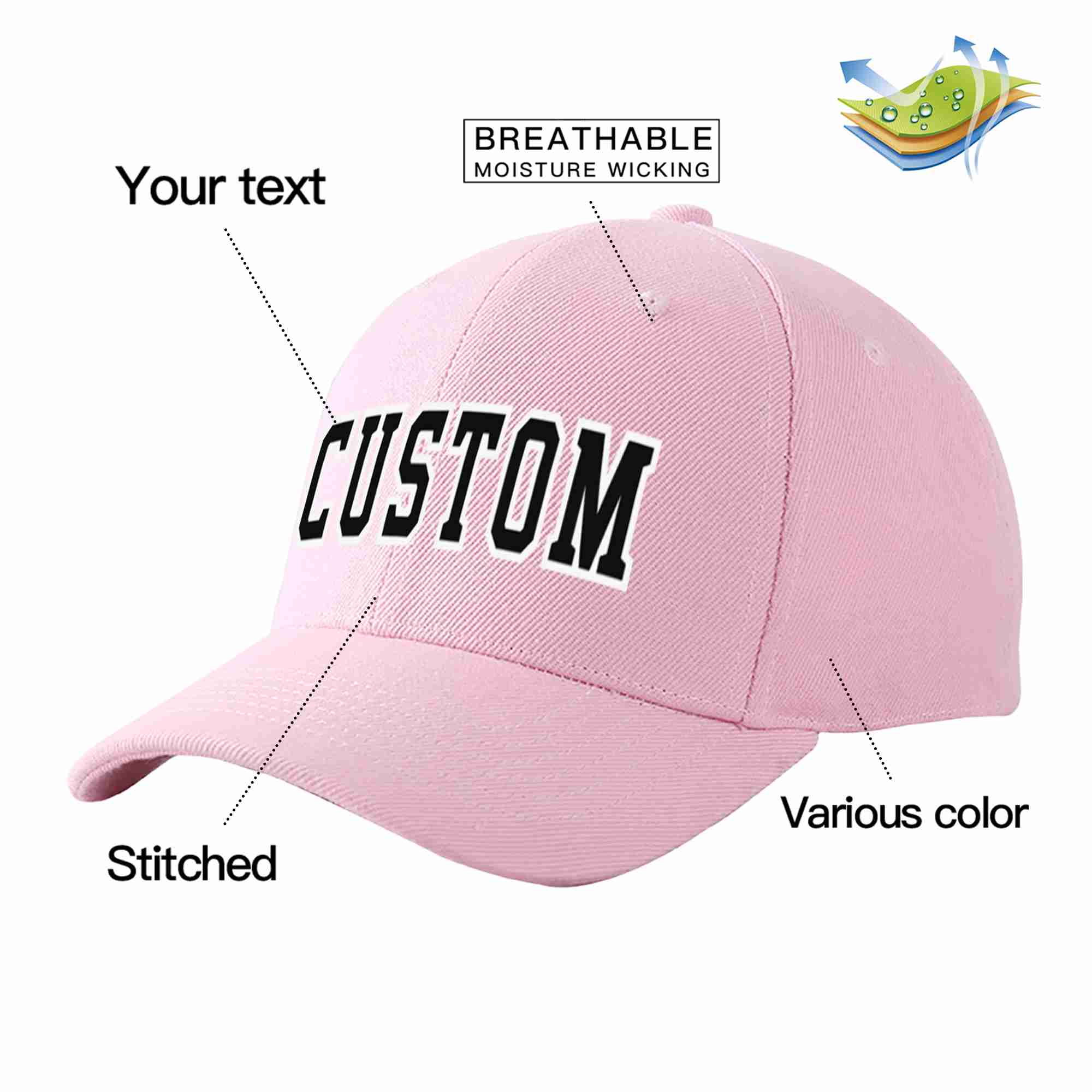 Custom Pink Black-White Curved Eaves Sport Baseball Cap Design for Men/Women/Youth