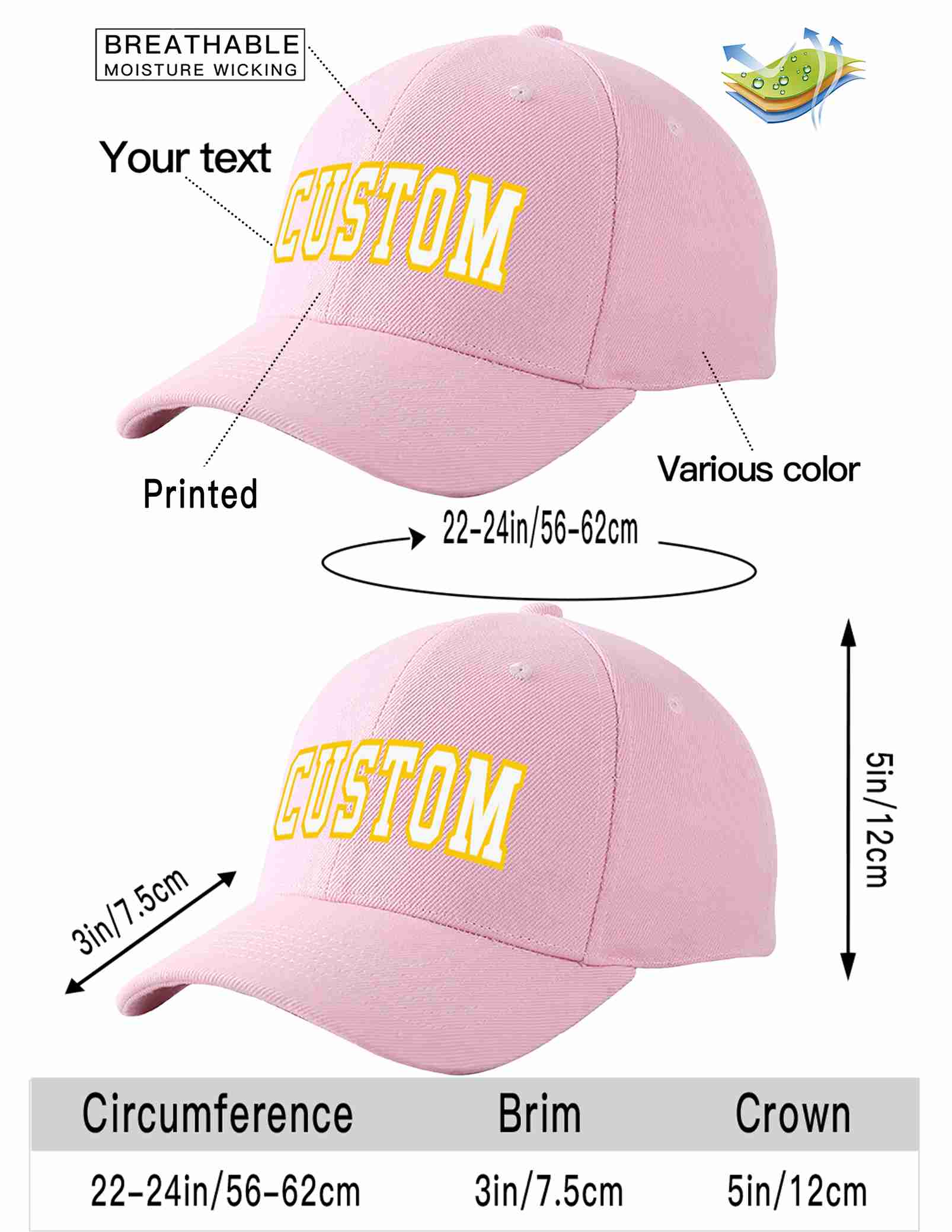 Custom Pink White-Gold Curved Eaves Sport Baseball Cap Design for Men/Women/Youth