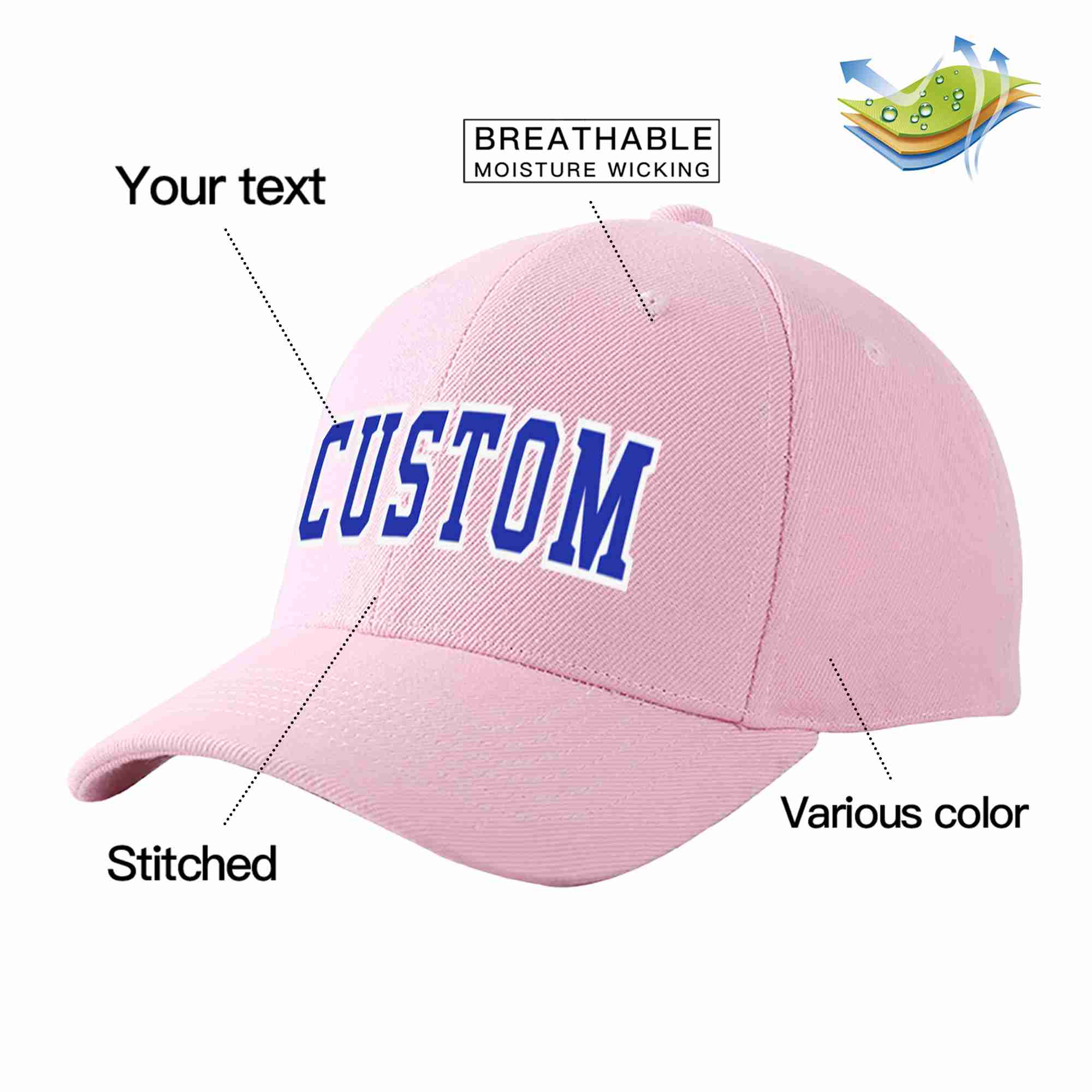 Conception personnalisée de casquette de baseball de sport incurvée rose royal-blanc pour hommes/femmes/jeunes