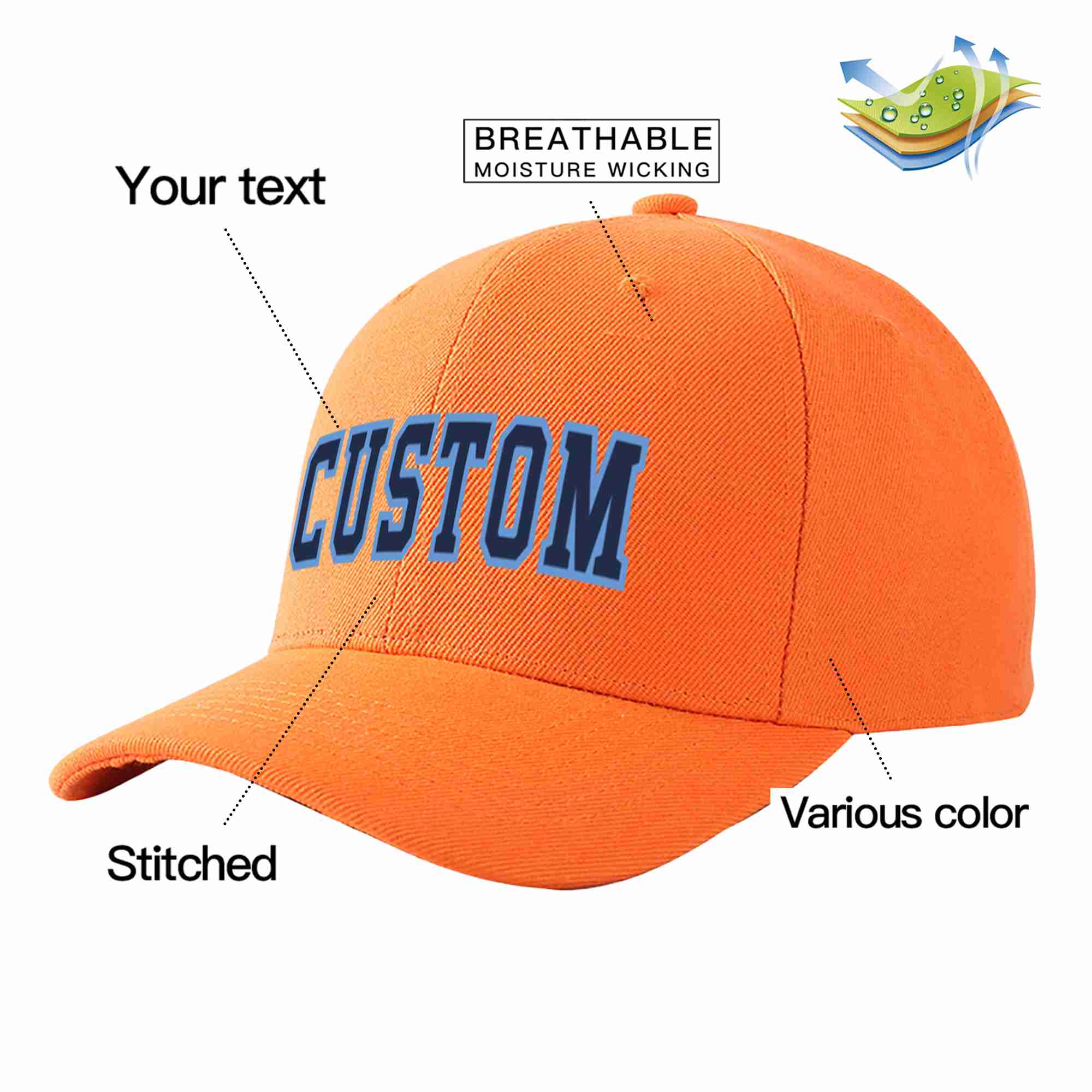 Custom Orange Navy-Light Blue Curved Eaves Sport Baseball Cap Design for Men/Women/Youth