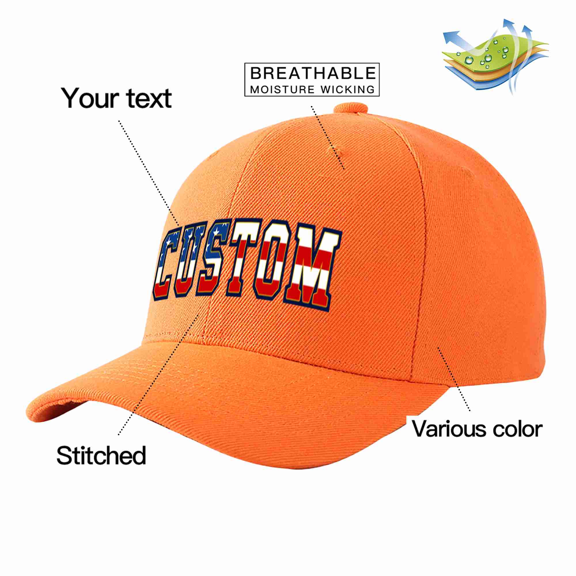 Custom Orange Vintage USA Flag-Gold Curved Eaves Sport Baseball Cap Design for Men/Women/Youth