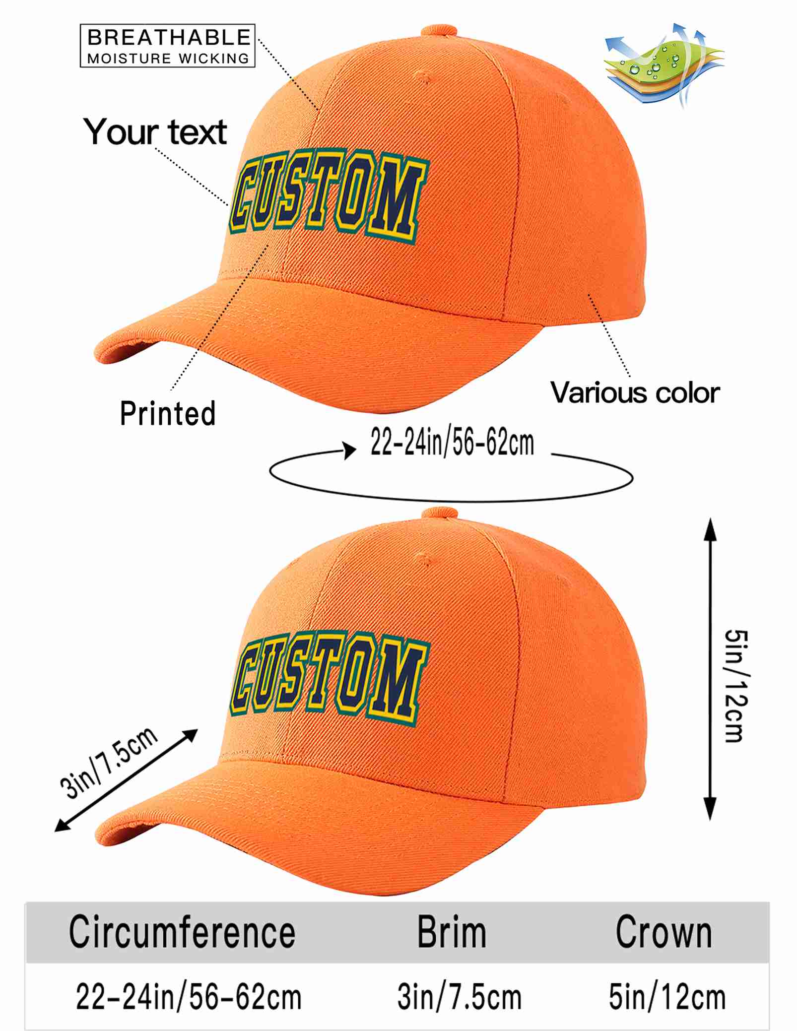 Custom Orange Navy-Gold Curved Eaves Sport Baseball Cap Design for Men/Women/Youth