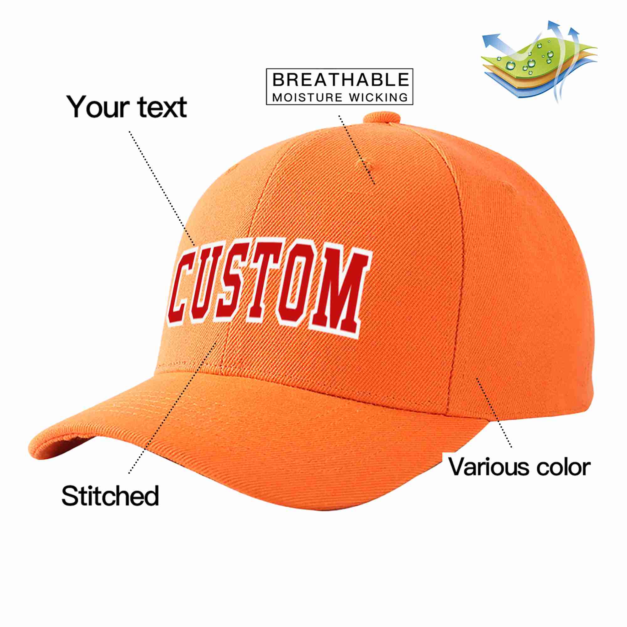 Custom Orange Red-White Curved Eaves Sport Baseball Cap Design for Men/Women/Youth