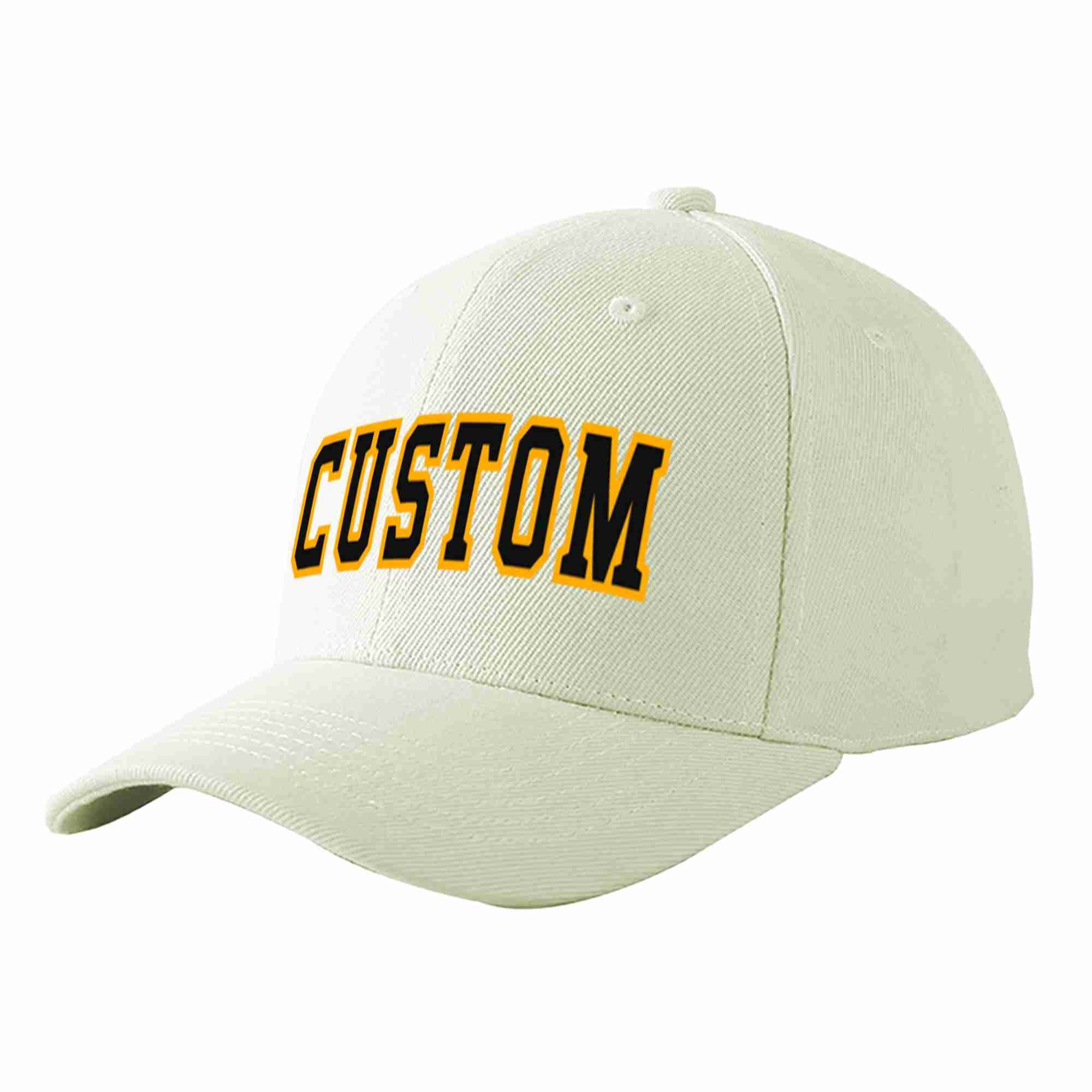 Conception personnalisée de casquette de baseball de sport incurvée noir-jaune crème pour hommes/femmes/jeunes