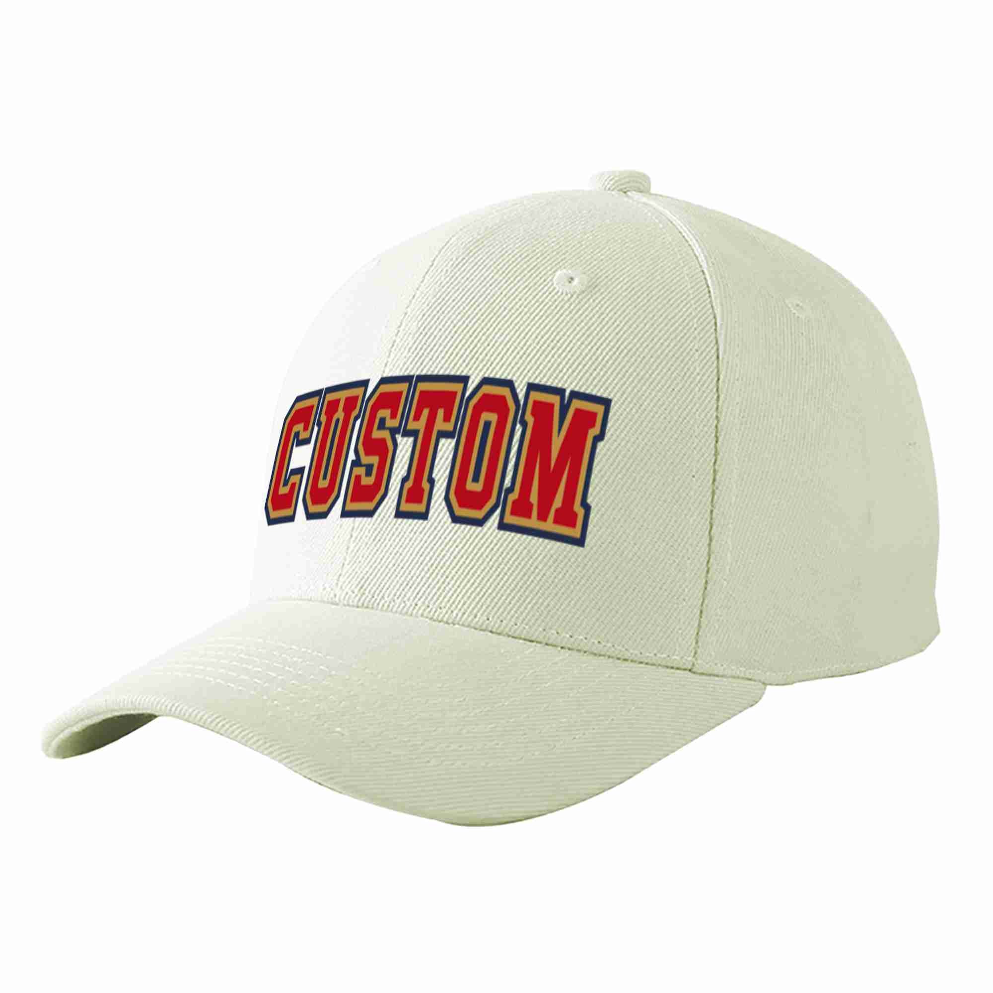 Conception personnalisée de casquette de baseball de sport à avant-toit incurvé rouge-vieil or crème pour hommes/femmes/jeunes