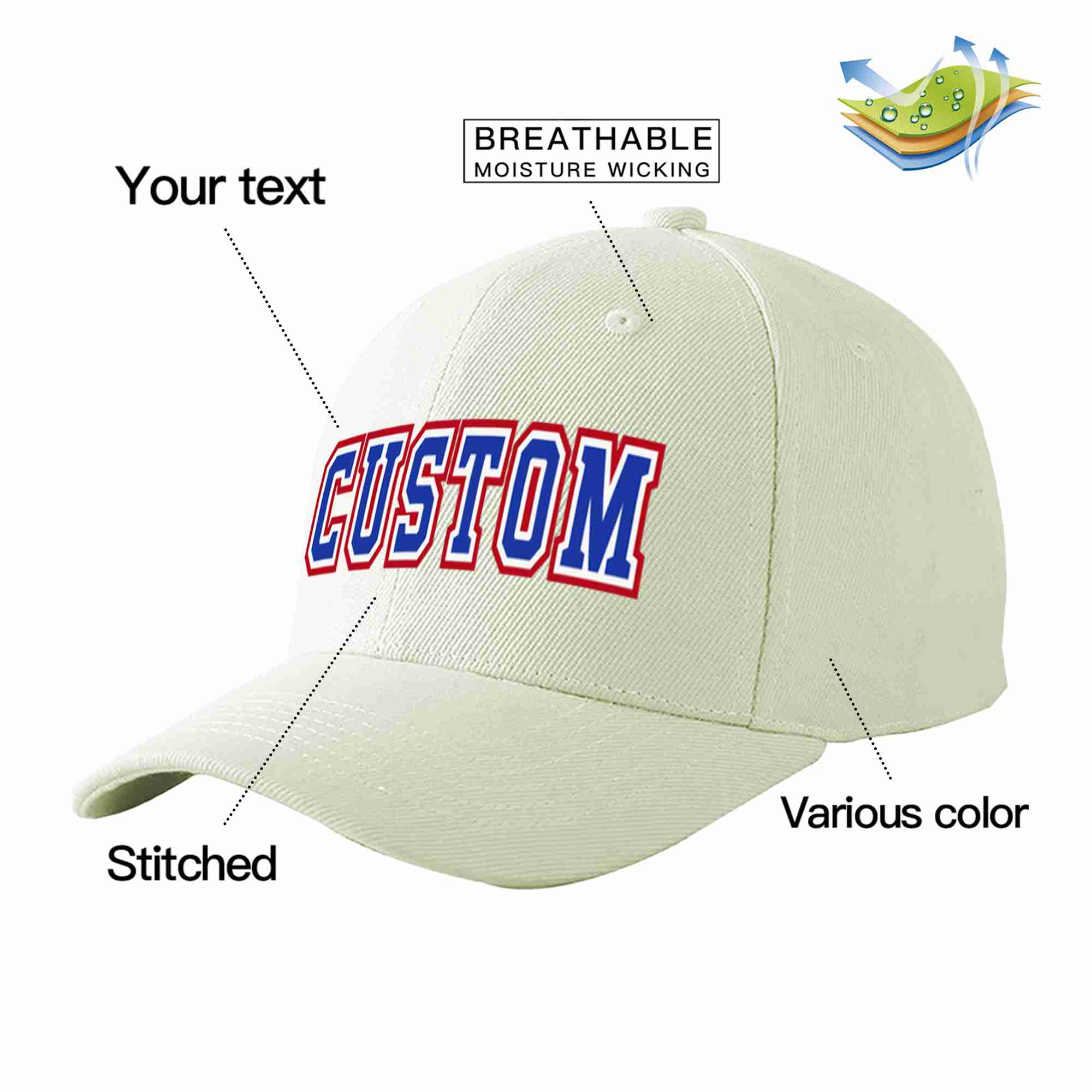 Conception personnalisée de casquette de baseball de sport incurvée blanc royal-blanc crème pour hommes/femmes/jeunes