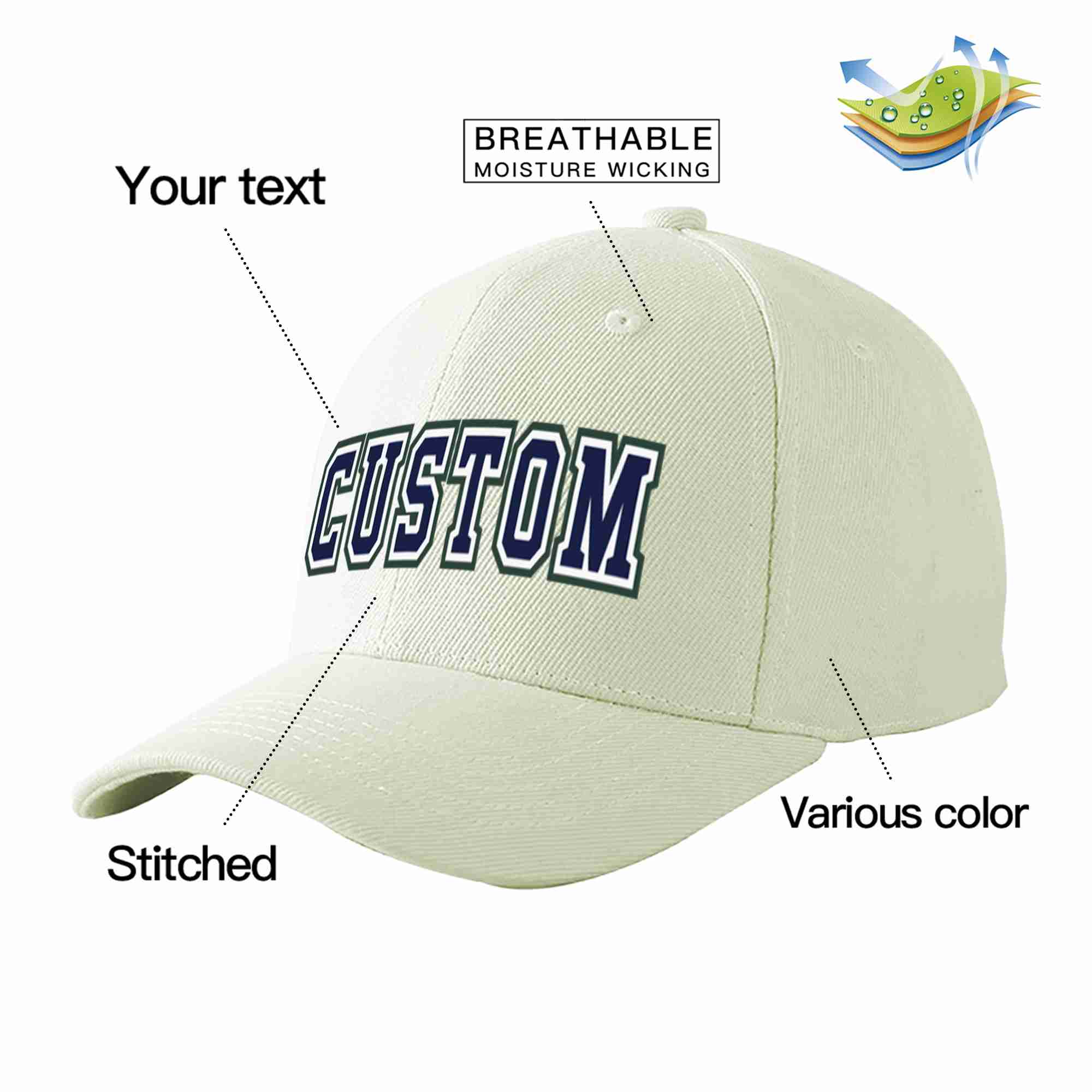 Custom Cream Navy-White Curved Eaves Sport Baseball Cap Design for Men/Women/Youth