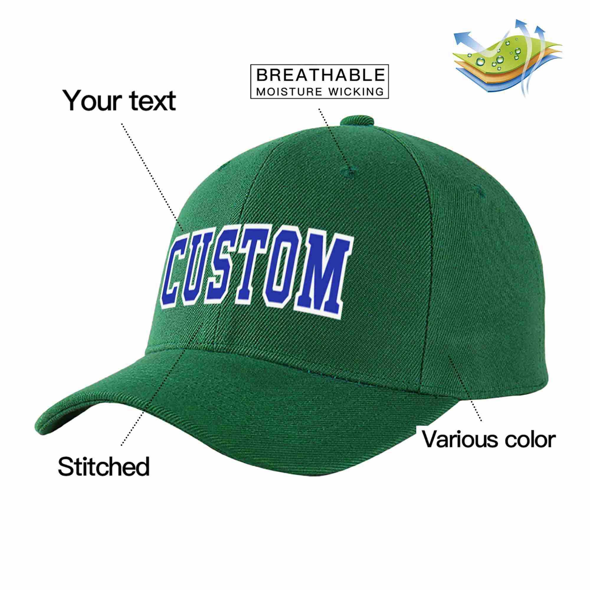 Custom Green Royal-White Curved Eaves Sport Baseball Cap Design for Men/Women/Youth