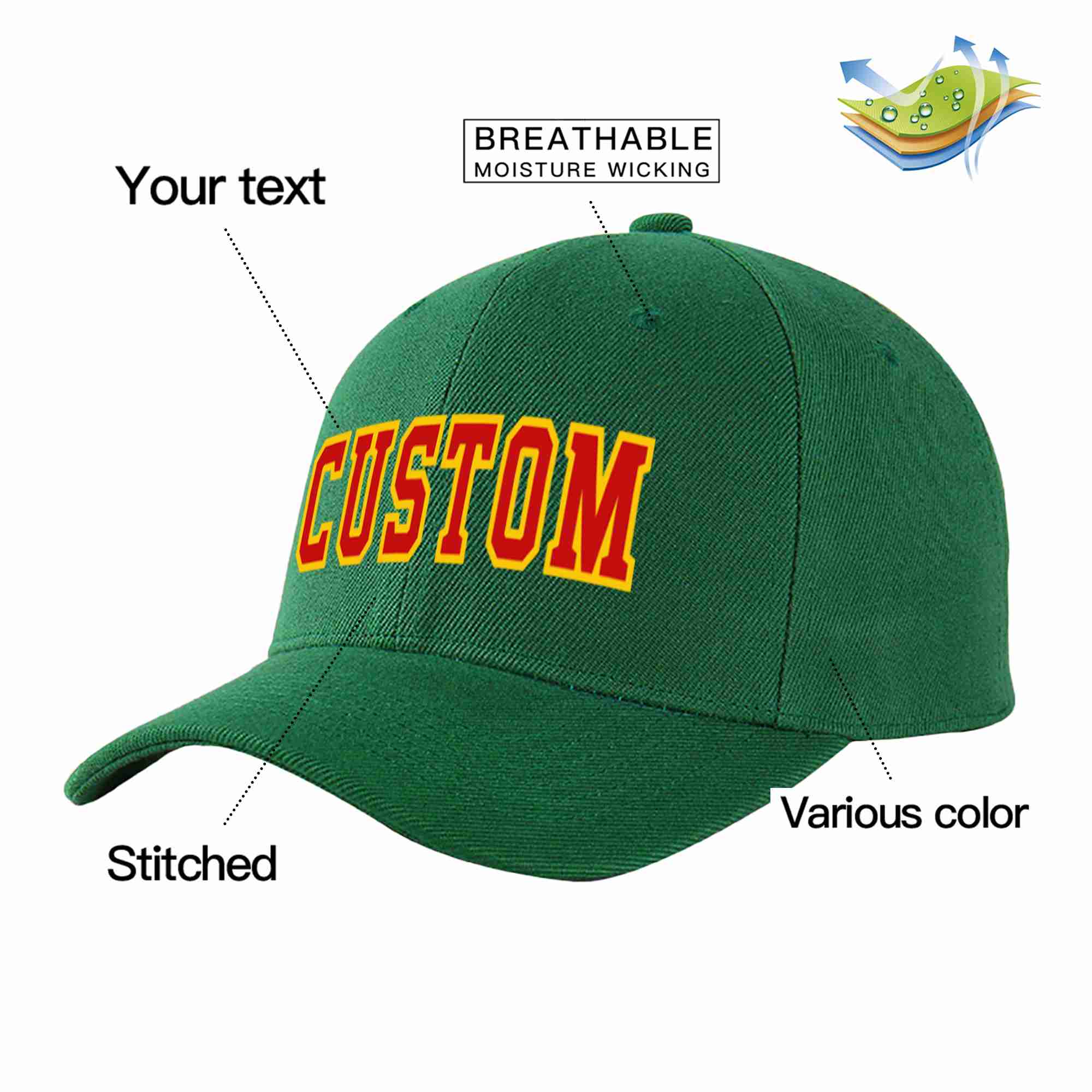 Custom Green Red-Yellow Curved Eaves Sport Baseball Cap Design for Men/Women/Youth