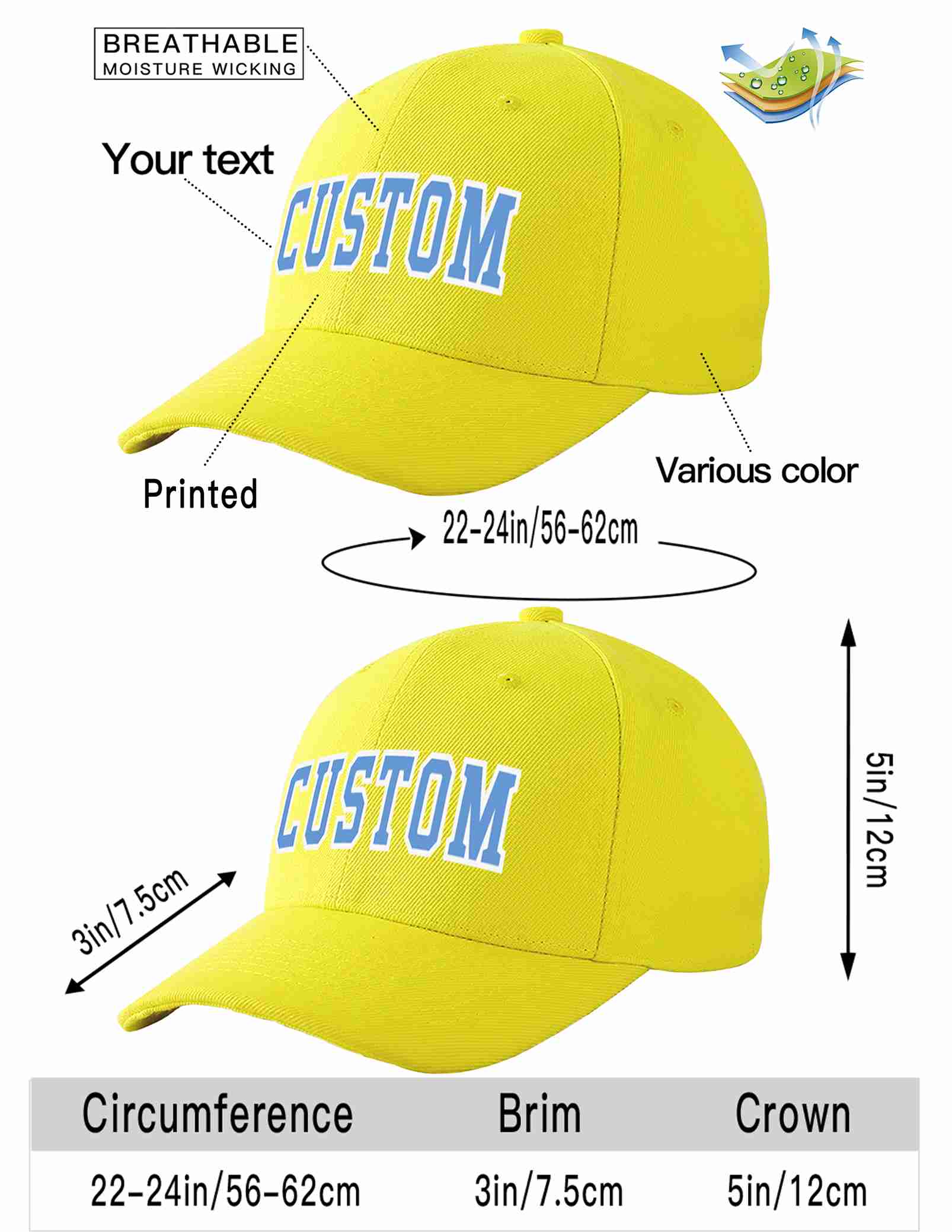 Conception personnalisée de casquette de baseball de sport incurvée jaune bleu clair-blanc pour hommes/femmes/jeunes