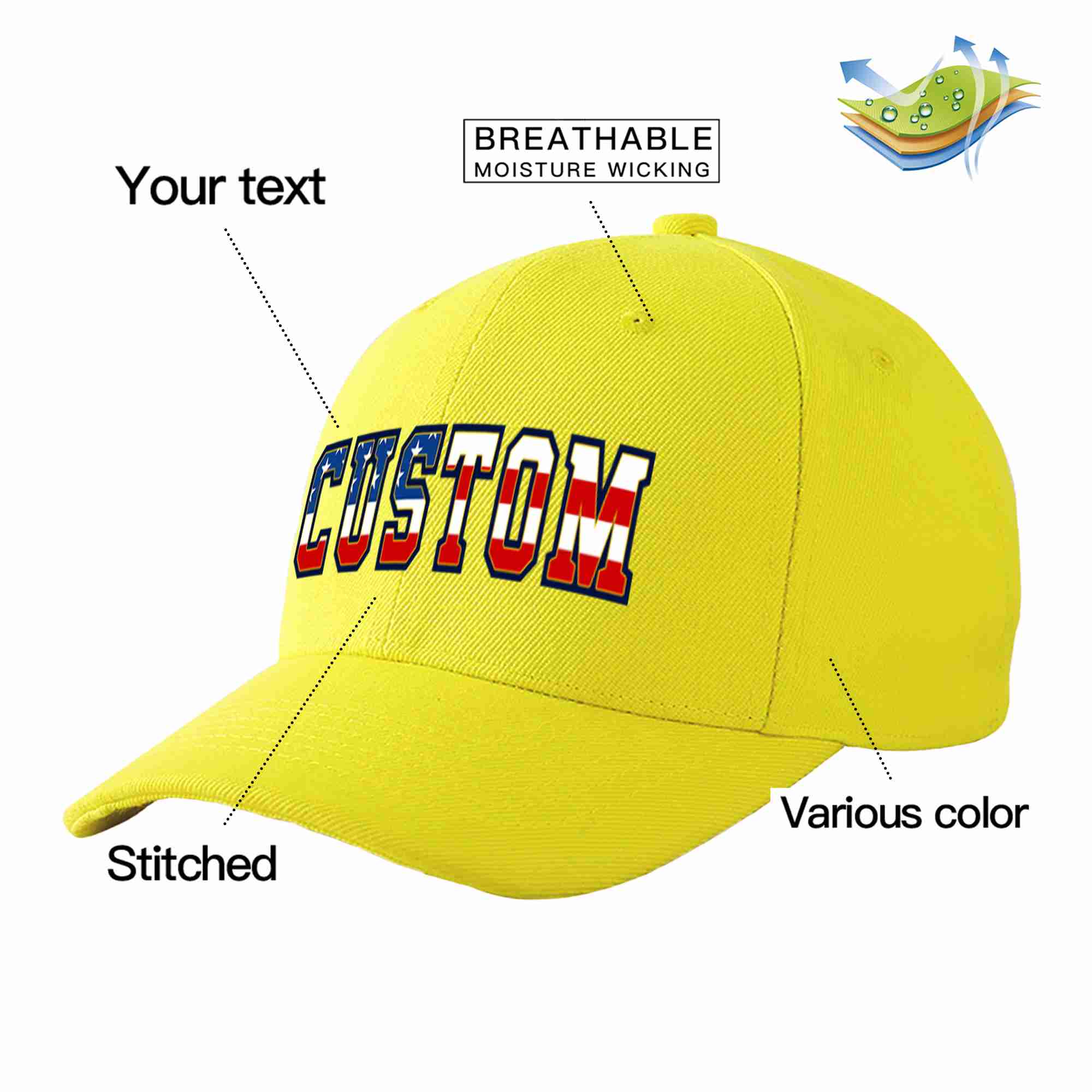 Conception de casquette de baseball de sport à avant-toit incurvé jaune personnalisé avec drapeau américain vintage pour hommes/femmes/jeunes