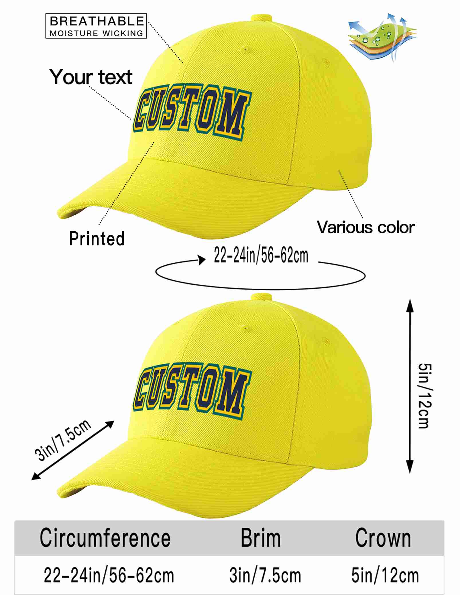 Custom Yellow Navy-Gold Curved Eaves Sport Baseball Cap Design for Men/Women/Youth