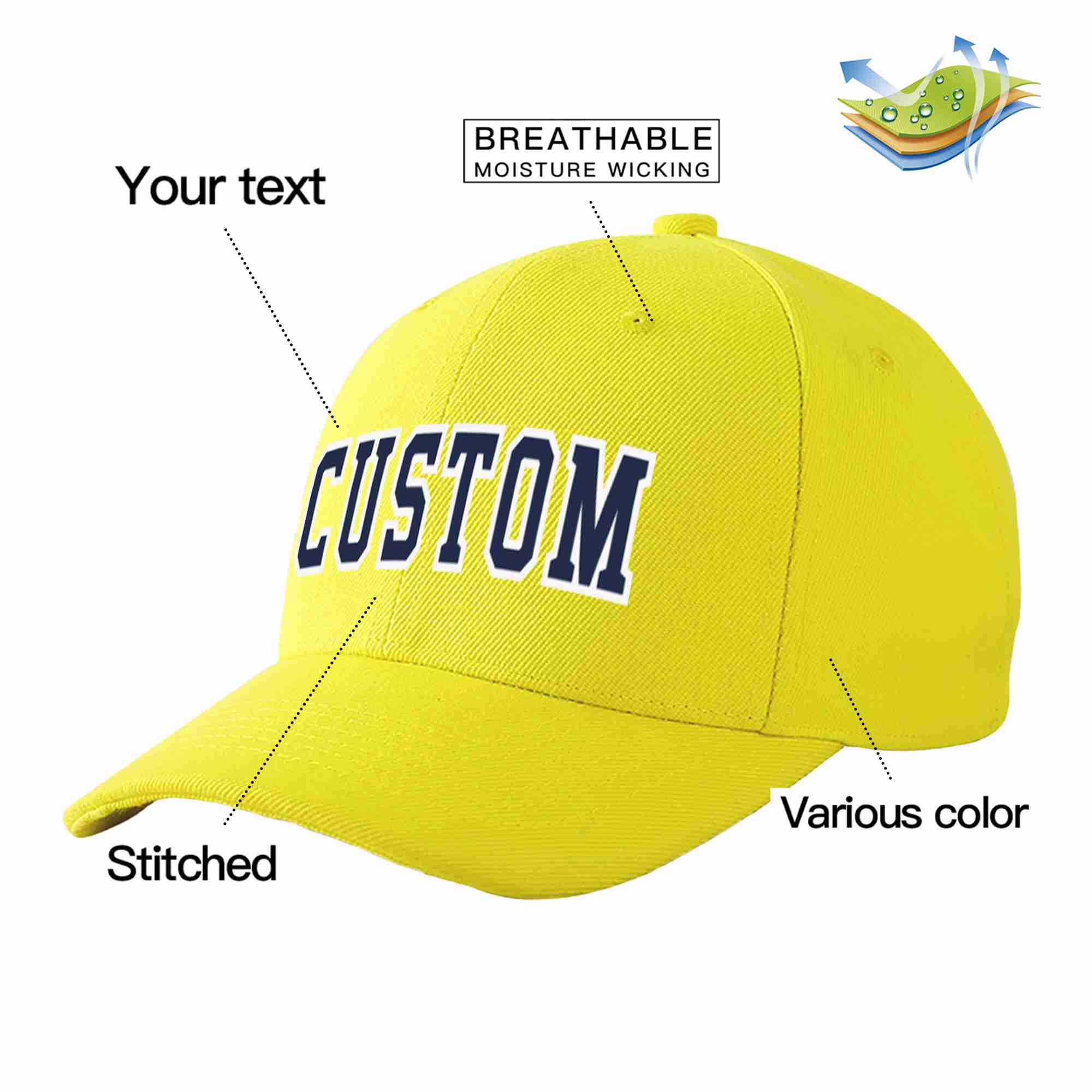 Conception personnalisée de casquette de baseball de sport incurvée jaune marine-blanc pour hommes/femmes/jeunes