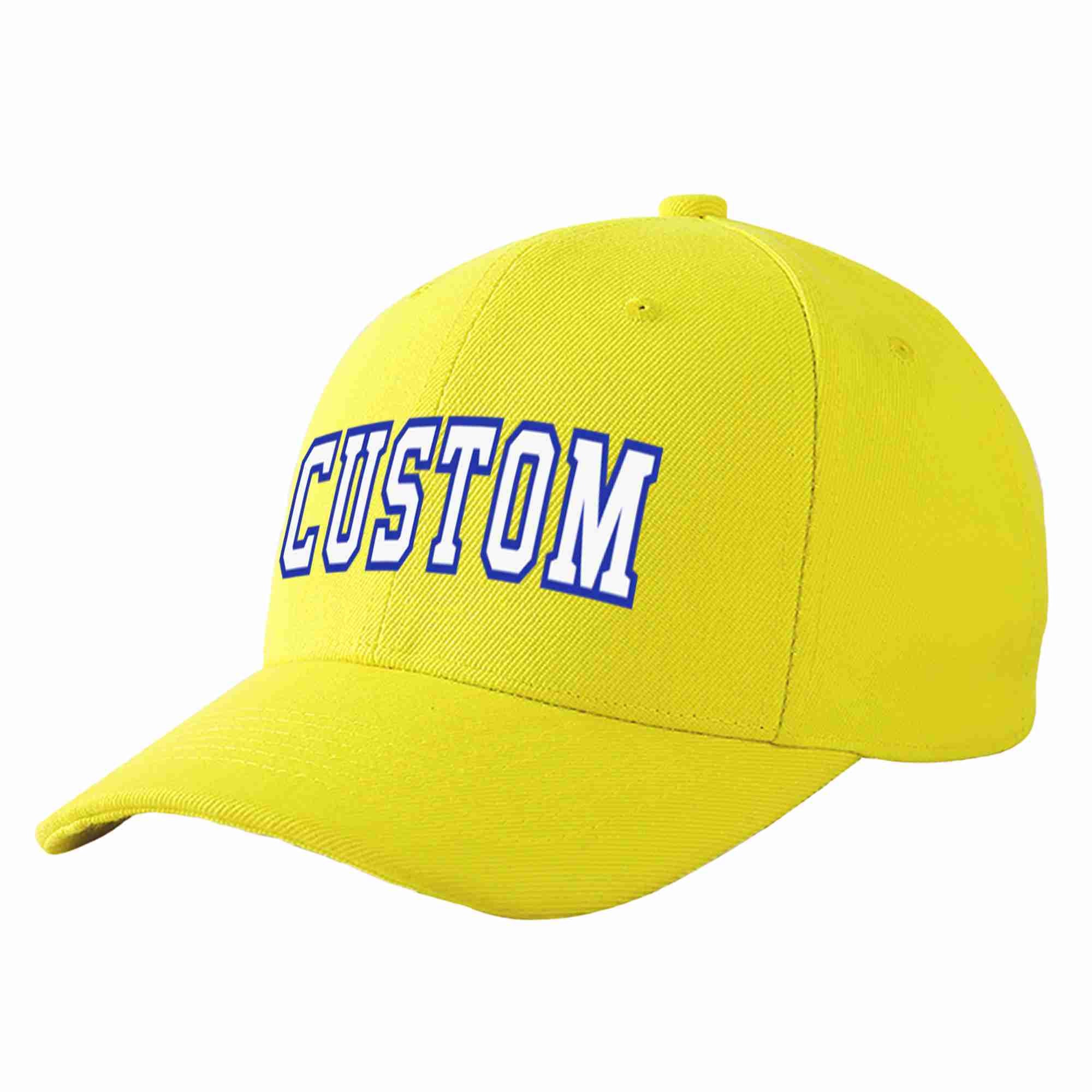 Conception personnalisée de casquette de baseball de sport courbée jaune blanc-royal pour hommes/femmes/jeunes