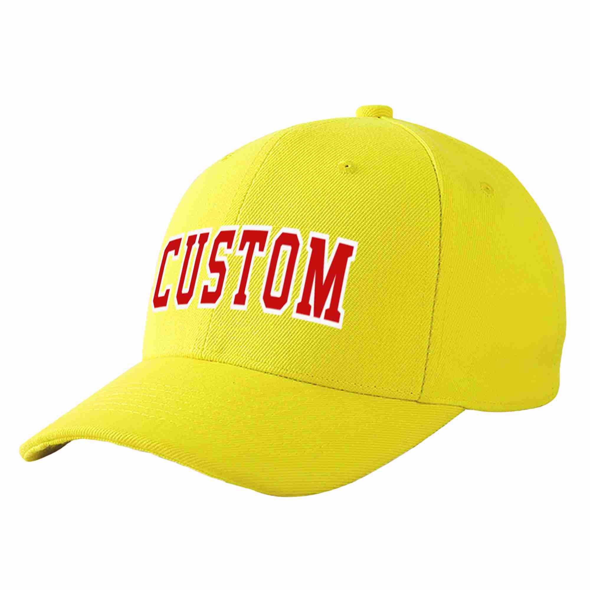 Conception personnalisée de casquette de baseball de sport incurvée jaune rouge-blanc pour hommes/femmes/jeunes