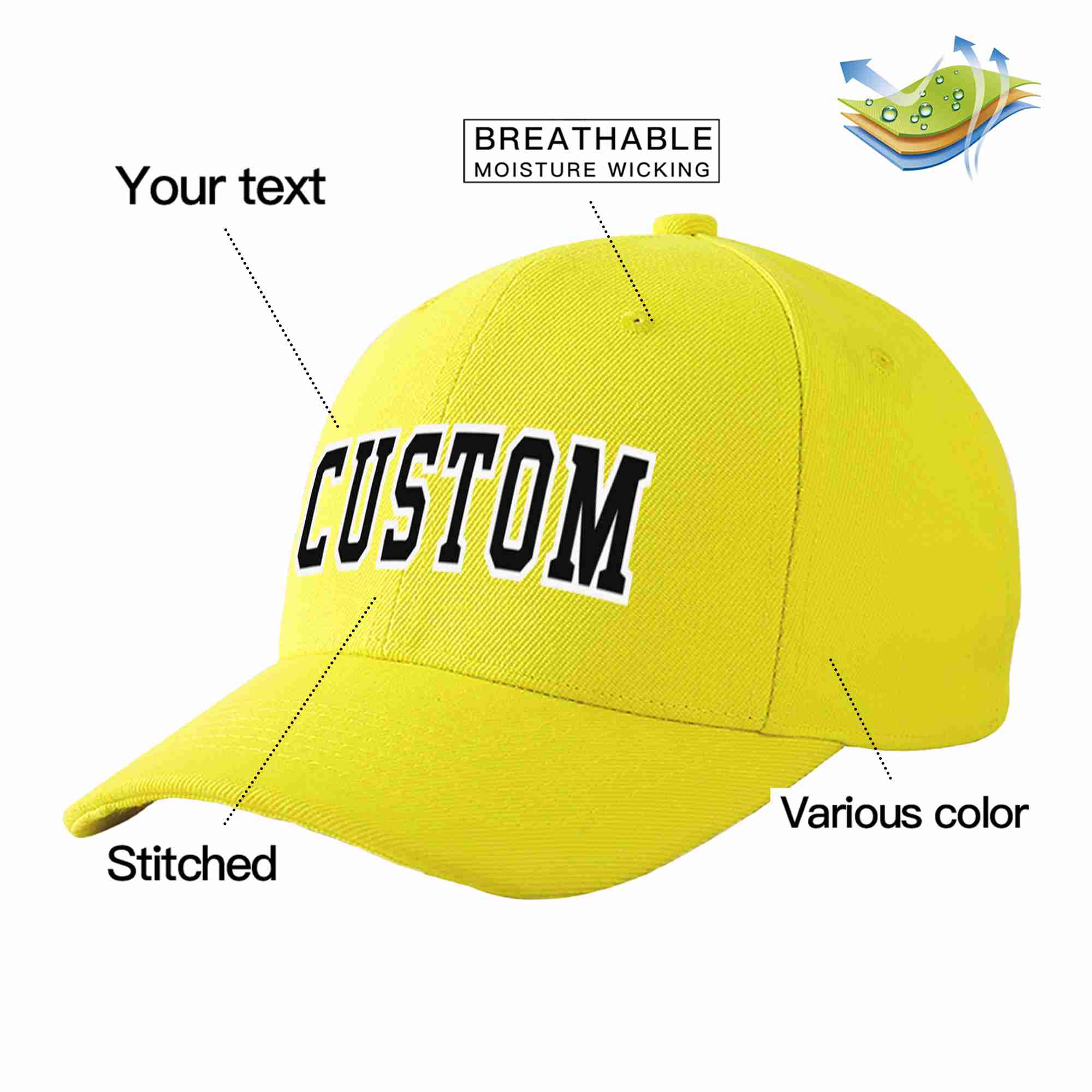 Conception personnalisée de casquette de baseball de sport incurvée jaune noir-blanc pour hommes/femmes/jeunes