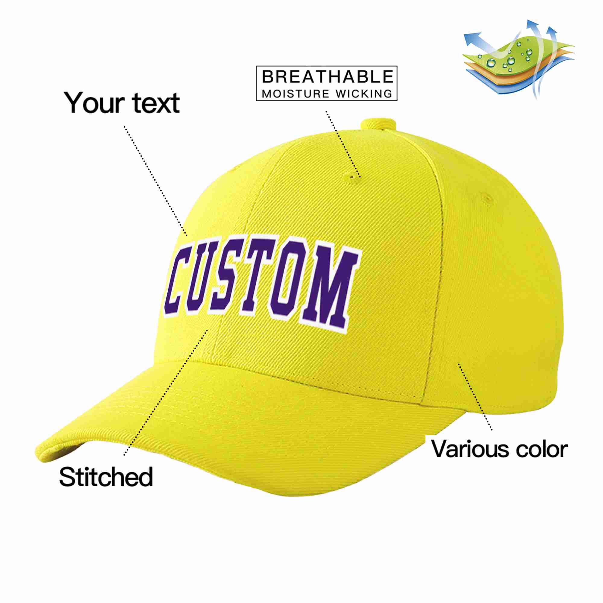 Conception personnalisée de casquette de baseball de sport incurvée jaune violet-blanc pour hommes/femmes/jeunes