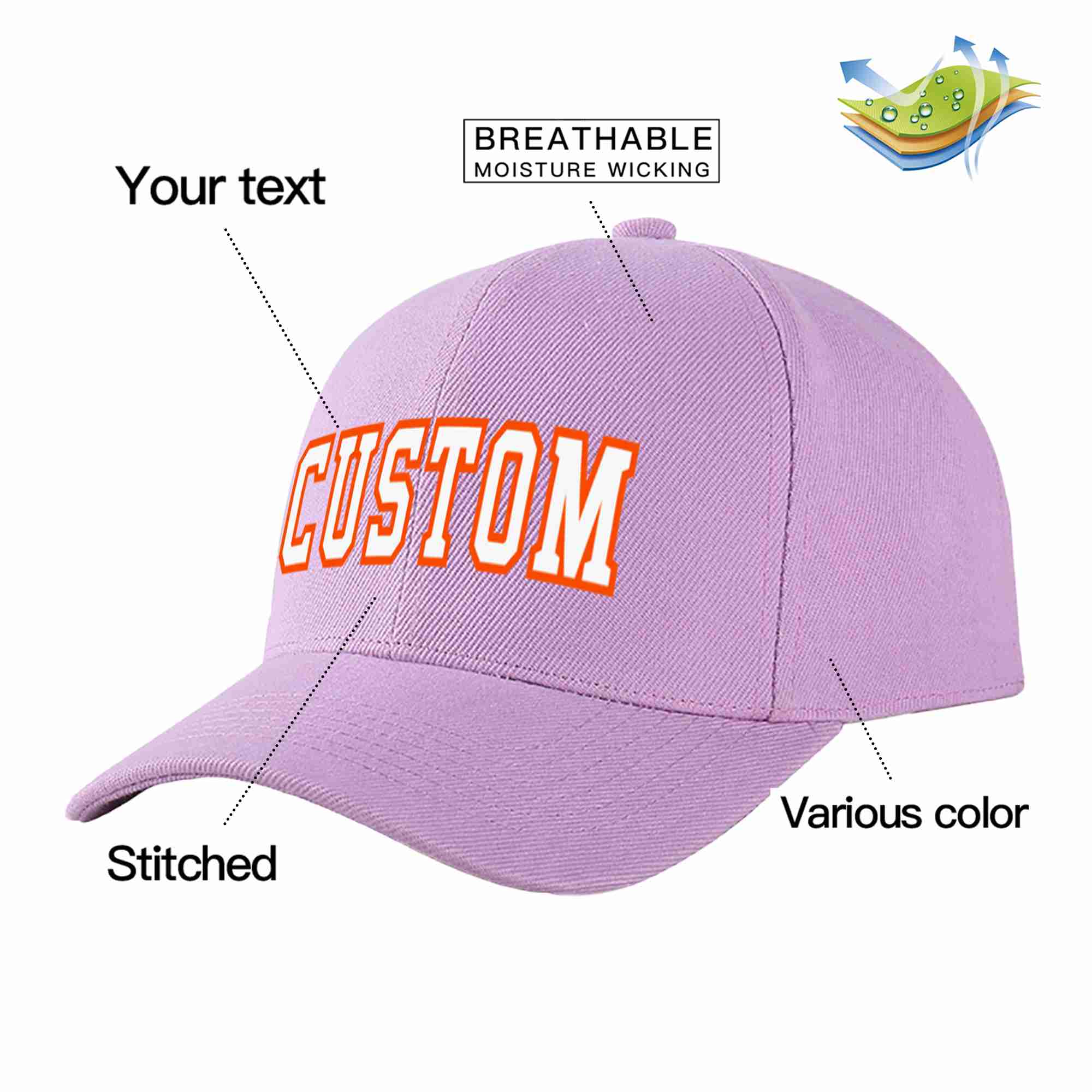 Custom Light Purple White-Orange Curved Eaves Sport Baseball Cap Design for Men/Women/Youth