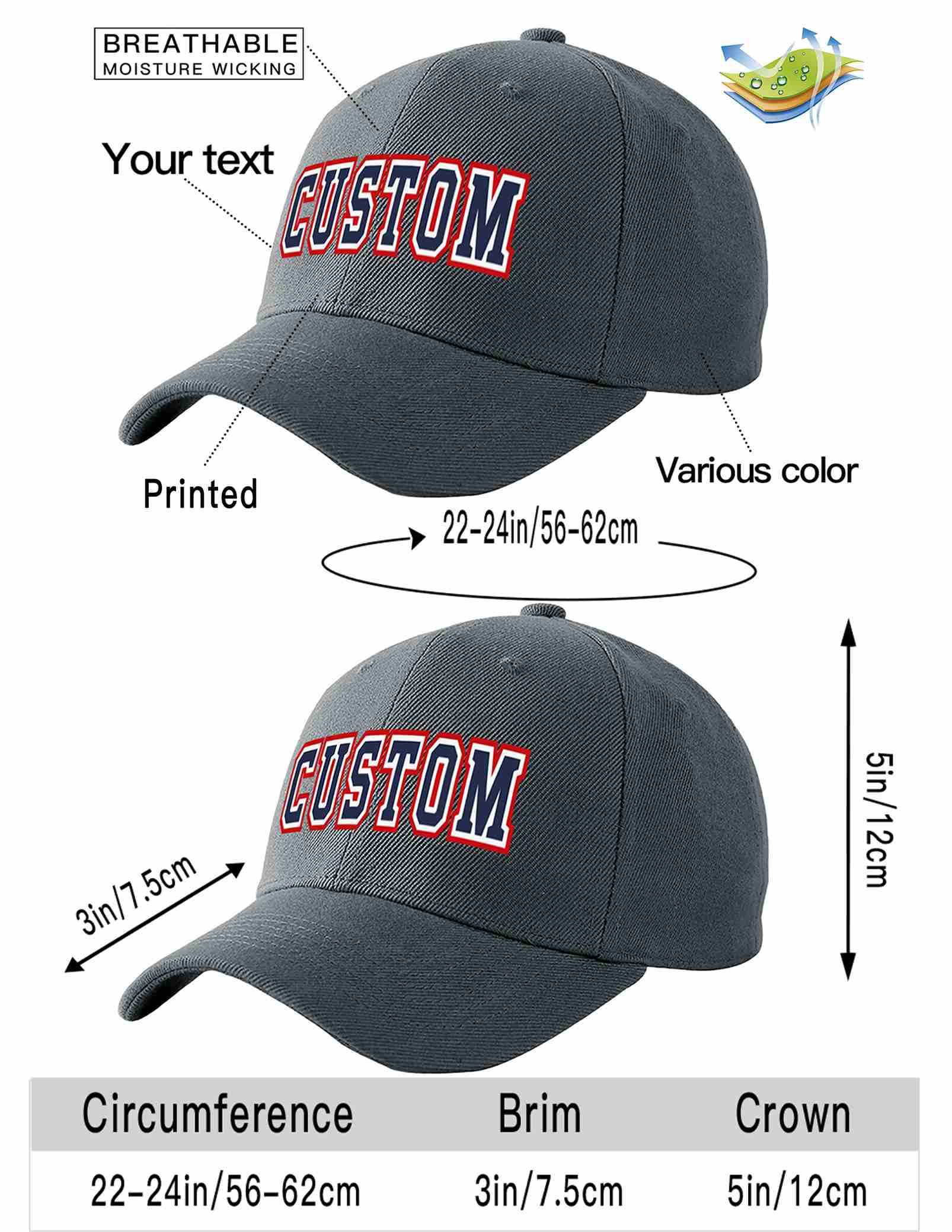 Custom Dark Gray Navy-White Curved Eaves Sport Baseball Cap Design for Men/Women/Youth