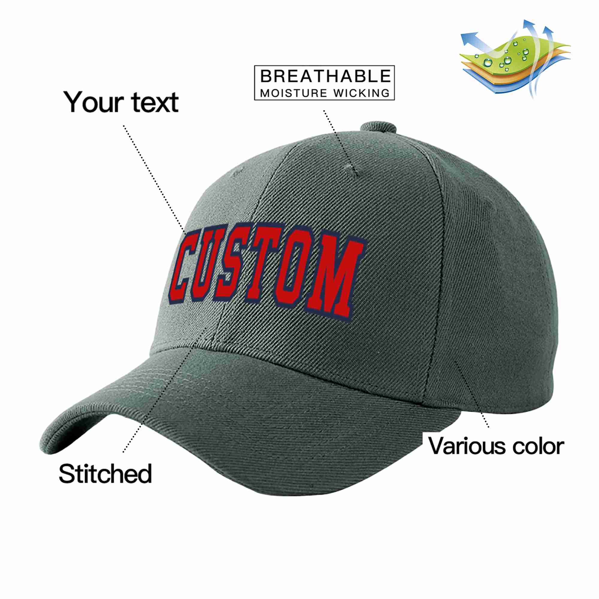 Conception personnalisée de casquette de baseball de sport incurvée gris foncé rouge-marine pour hommes/femmes/jeunes