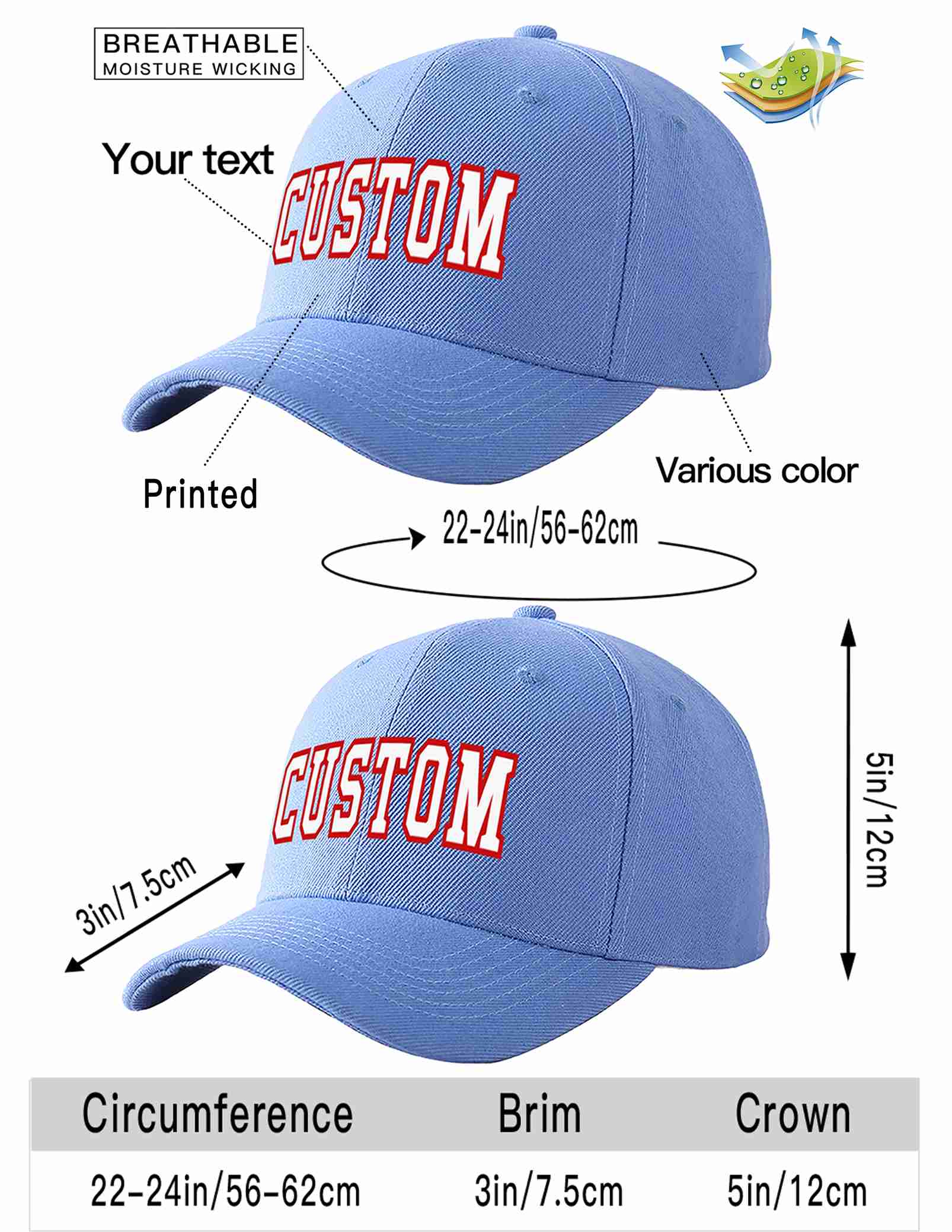 Custom Sky Blue White-Red Curved Eaves Sport Baseball Cap Design for Men/Women/Youth