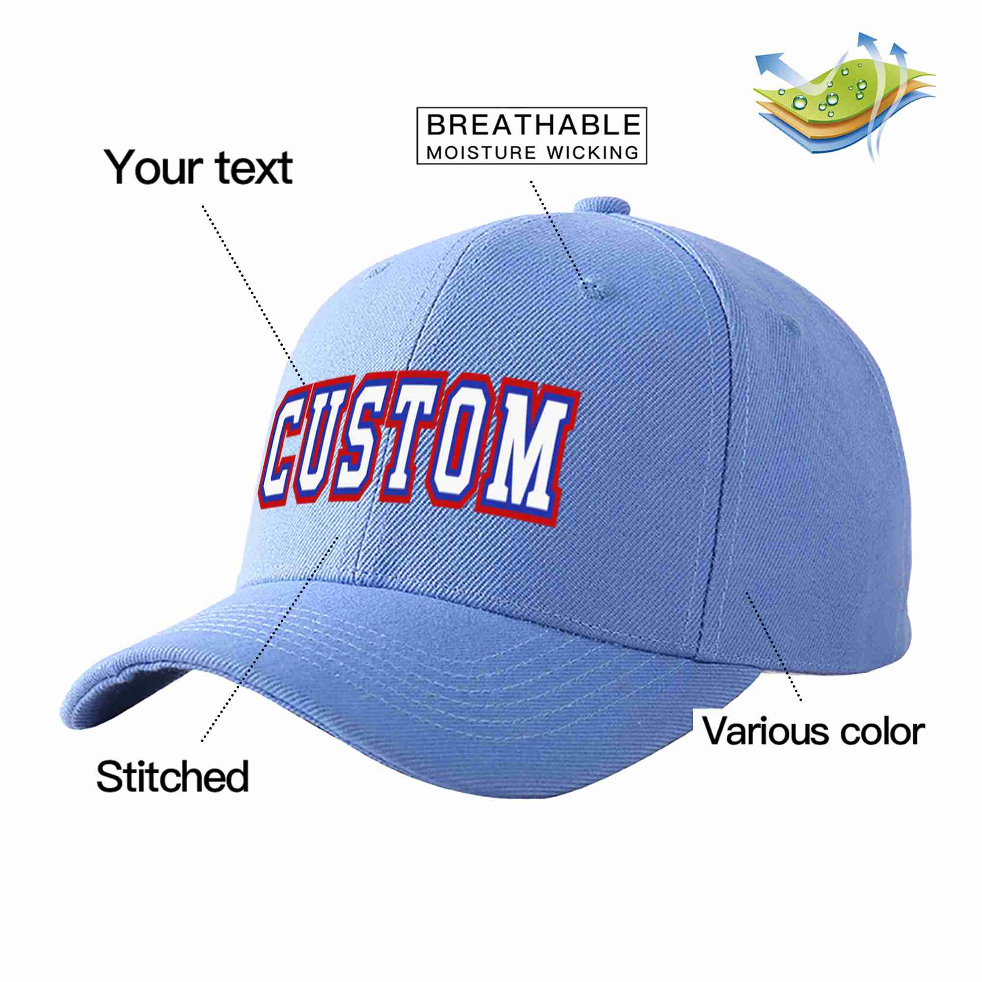 Conception personnalisée de casquette de baseball de sport courbée bleu ciel blanc-royal pour hommes/femmes/jeunes