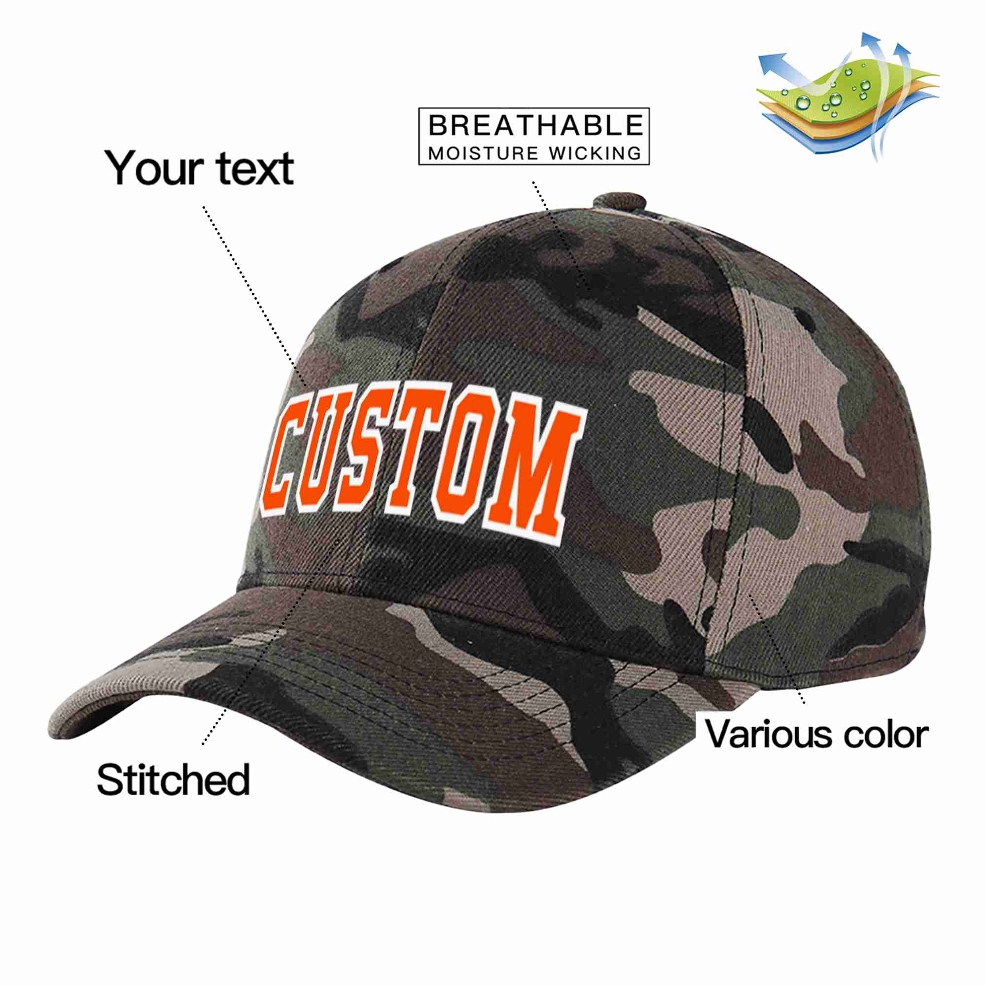 Custom Camo Orange-White Curved Eaves Sport Baseball Cap Design for Men/Women/Youth