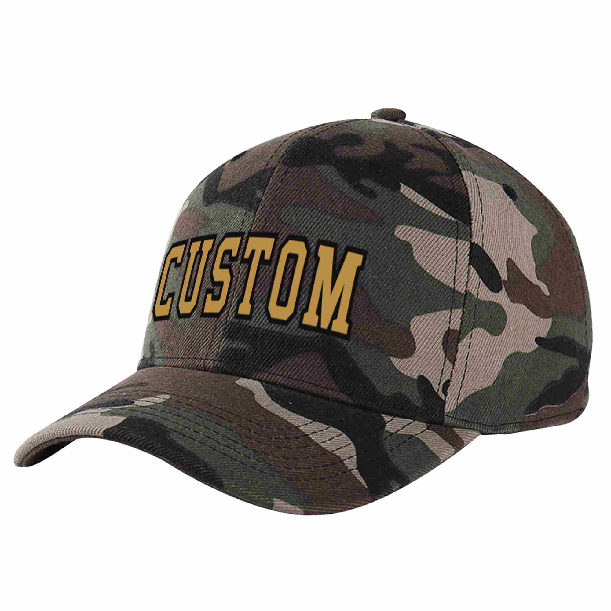 Custom Camo Old Gold-Black Curved Eaves Sport Baseball Cap Design for Men/Women/Youth